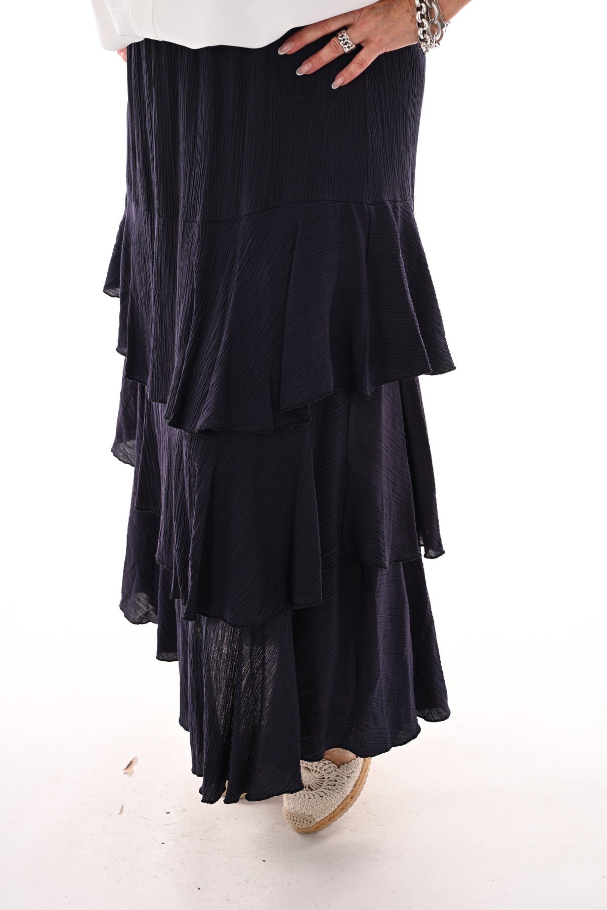 Lange rok met volantlagen marineblauw