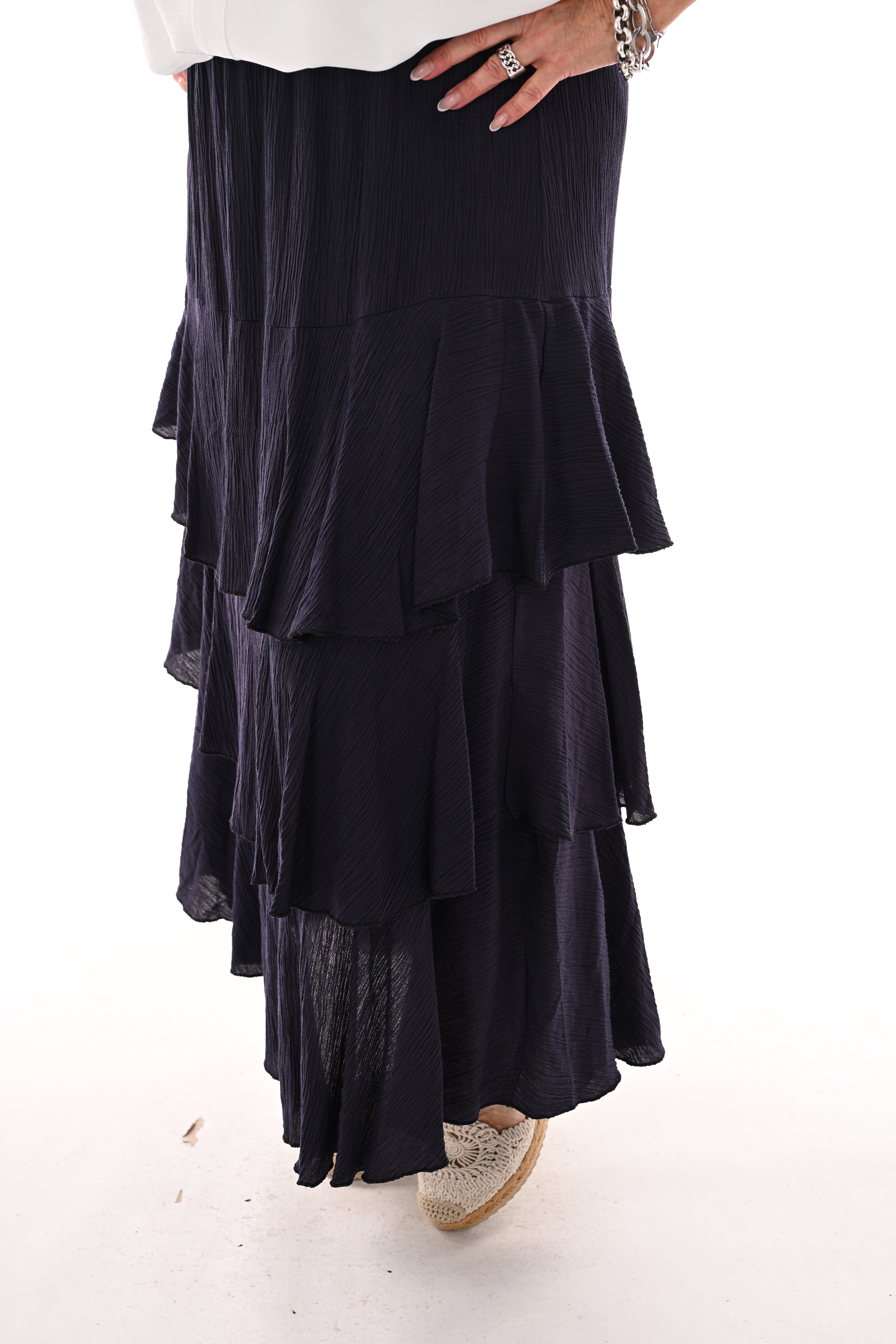 Lange rok met volantlagen marineblauw