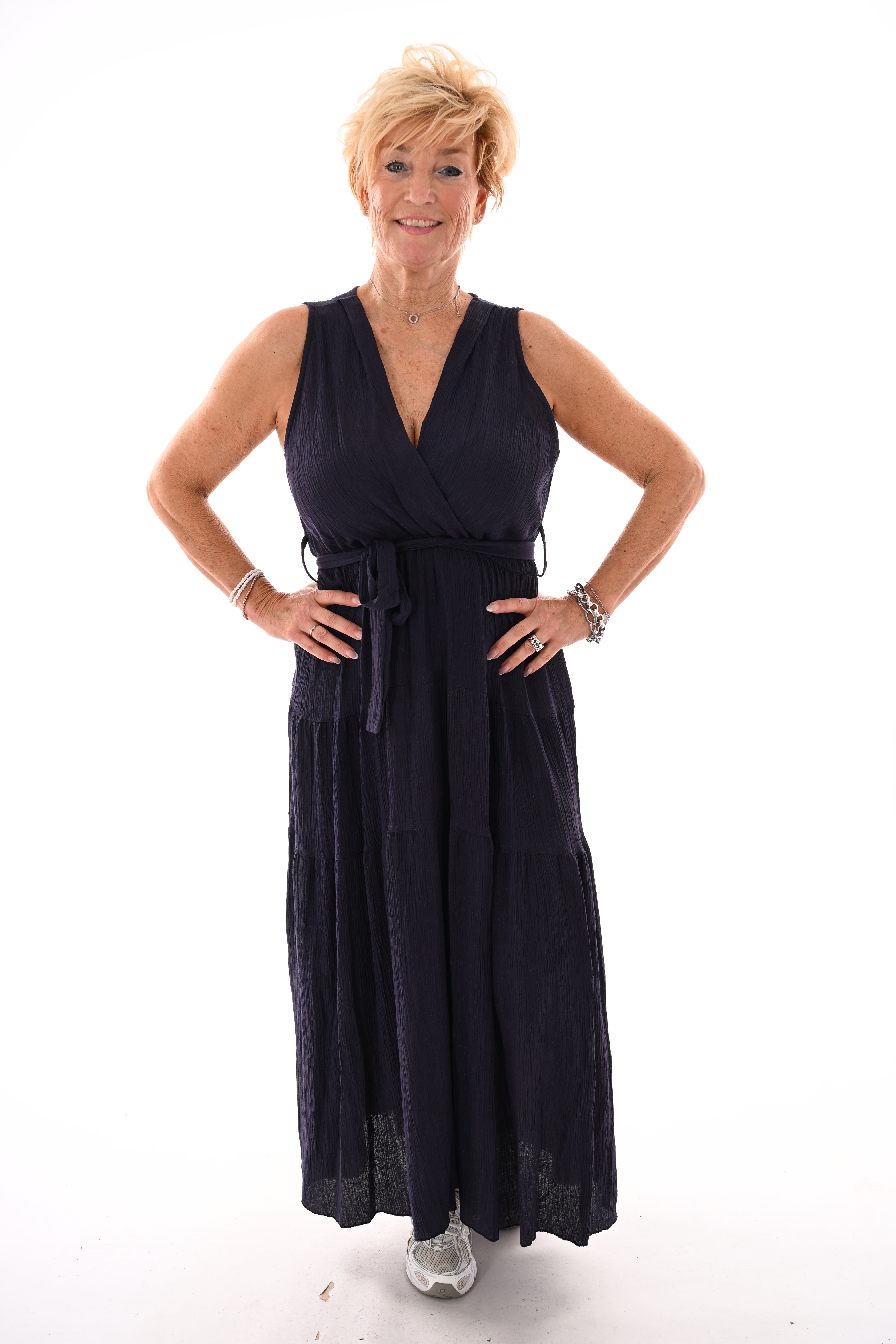 Lange jurk stroken mouwloos uni marineblauw