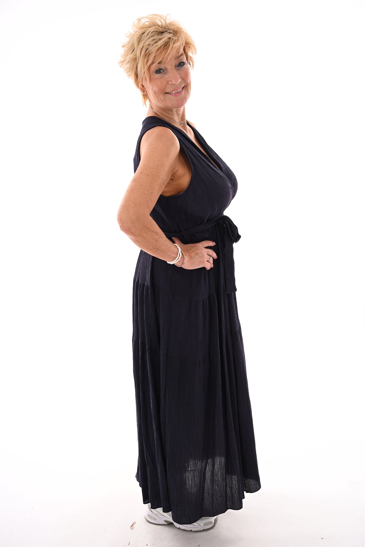 Lange jurk stroken mouwloos uni marineblauw
