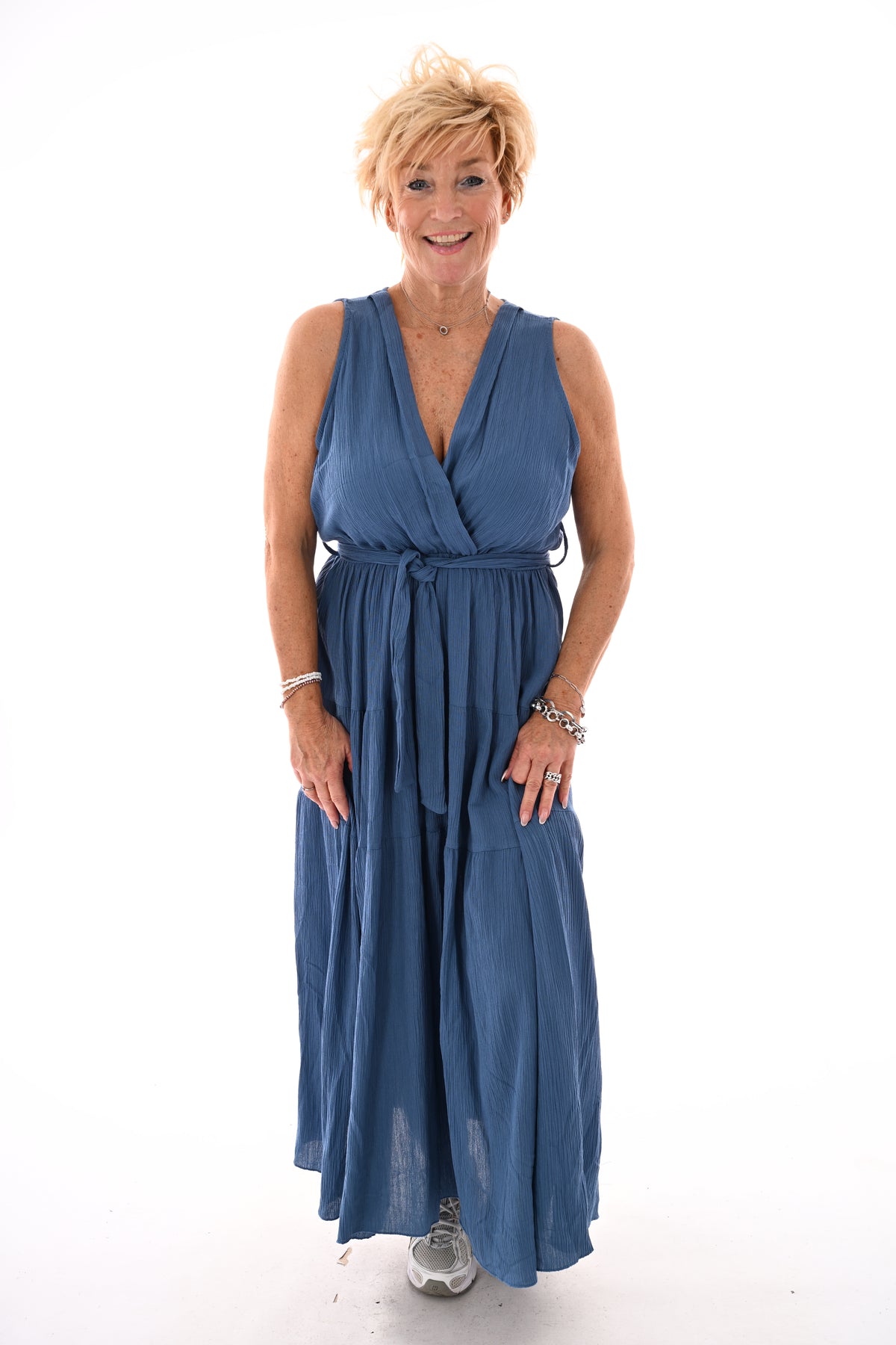 Lange jurk stroken mouwloos uni jeansblauw