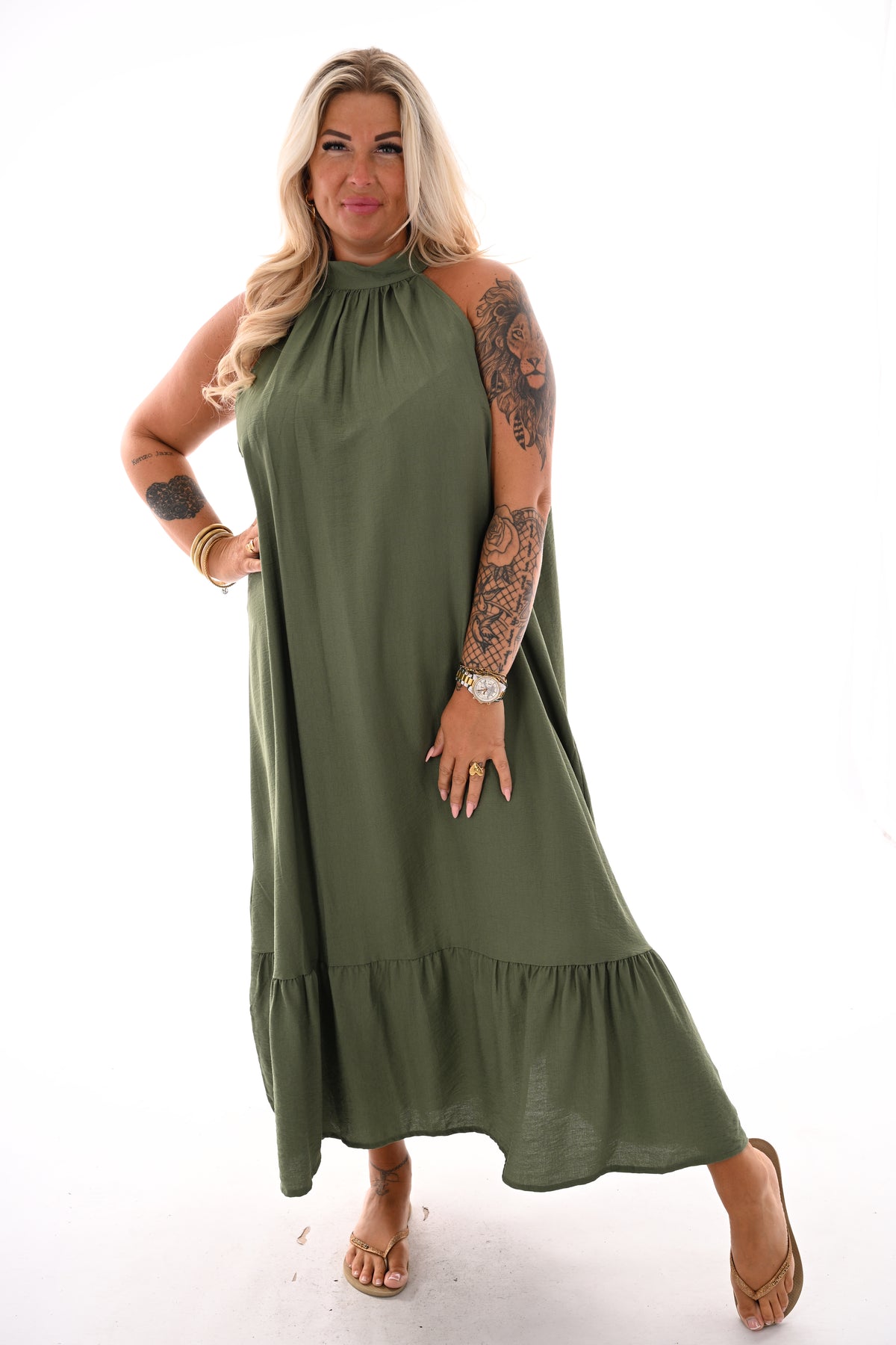 Maxi jurk halter legergroen