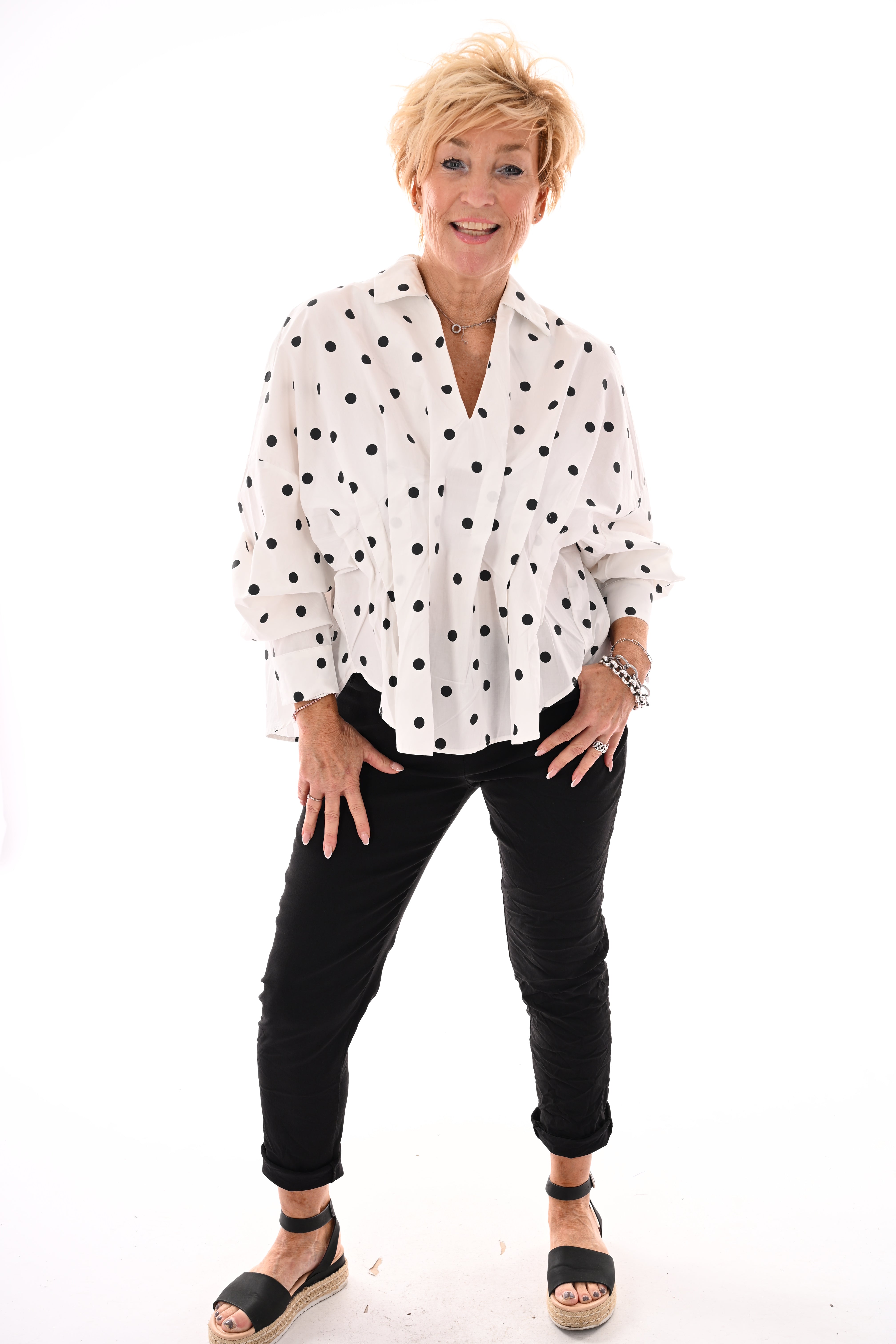 Blouse dots geplooid roomwit