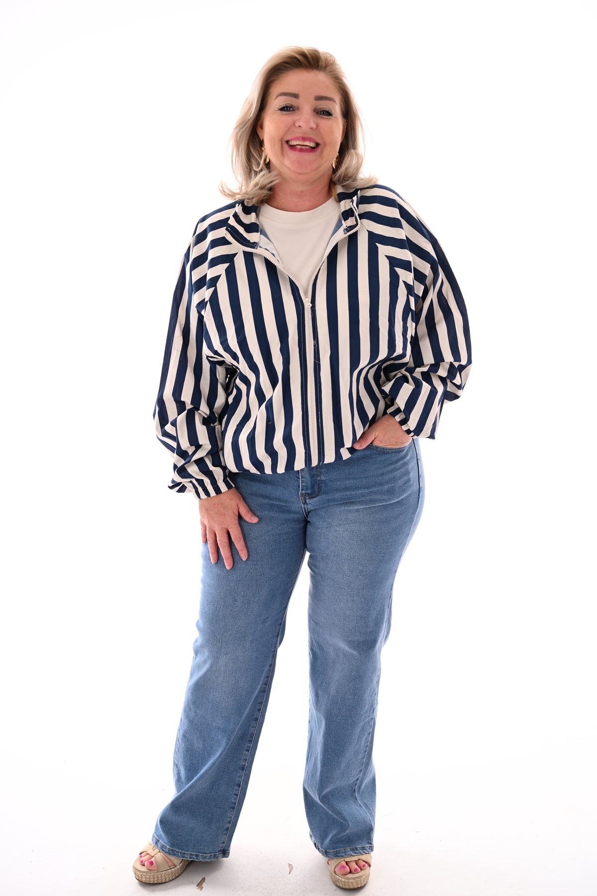 Korte jas strepen creme/marineblauw
