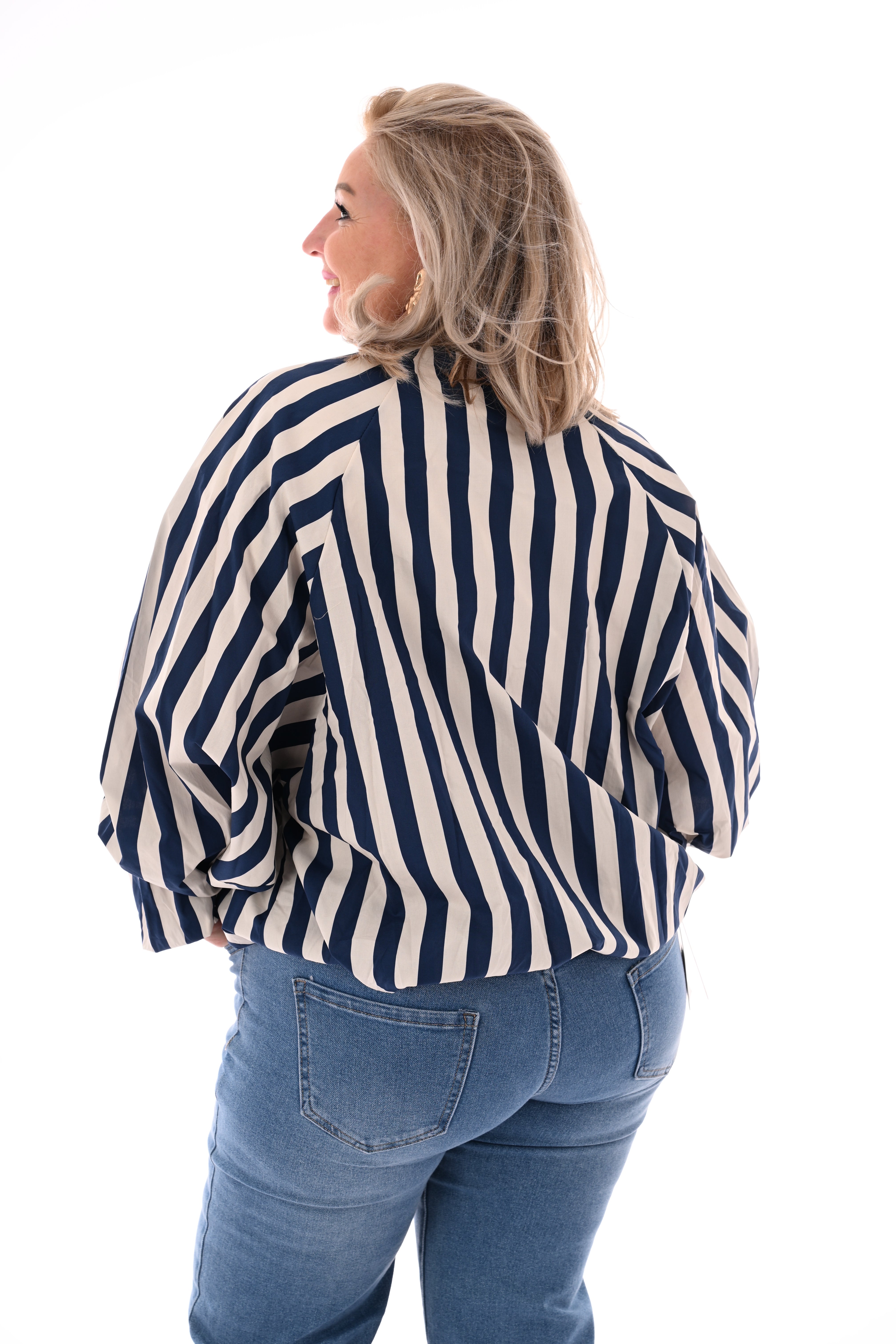 Korte jas strepen creme/marineblauw