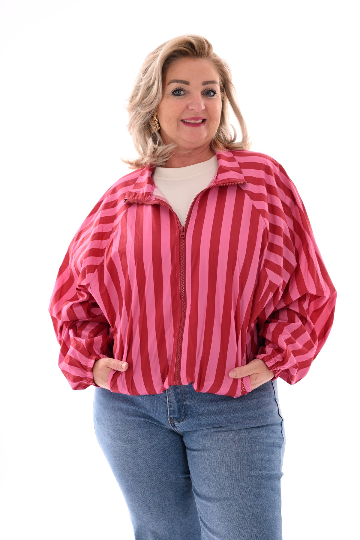 Korte jas strepen roze/rood