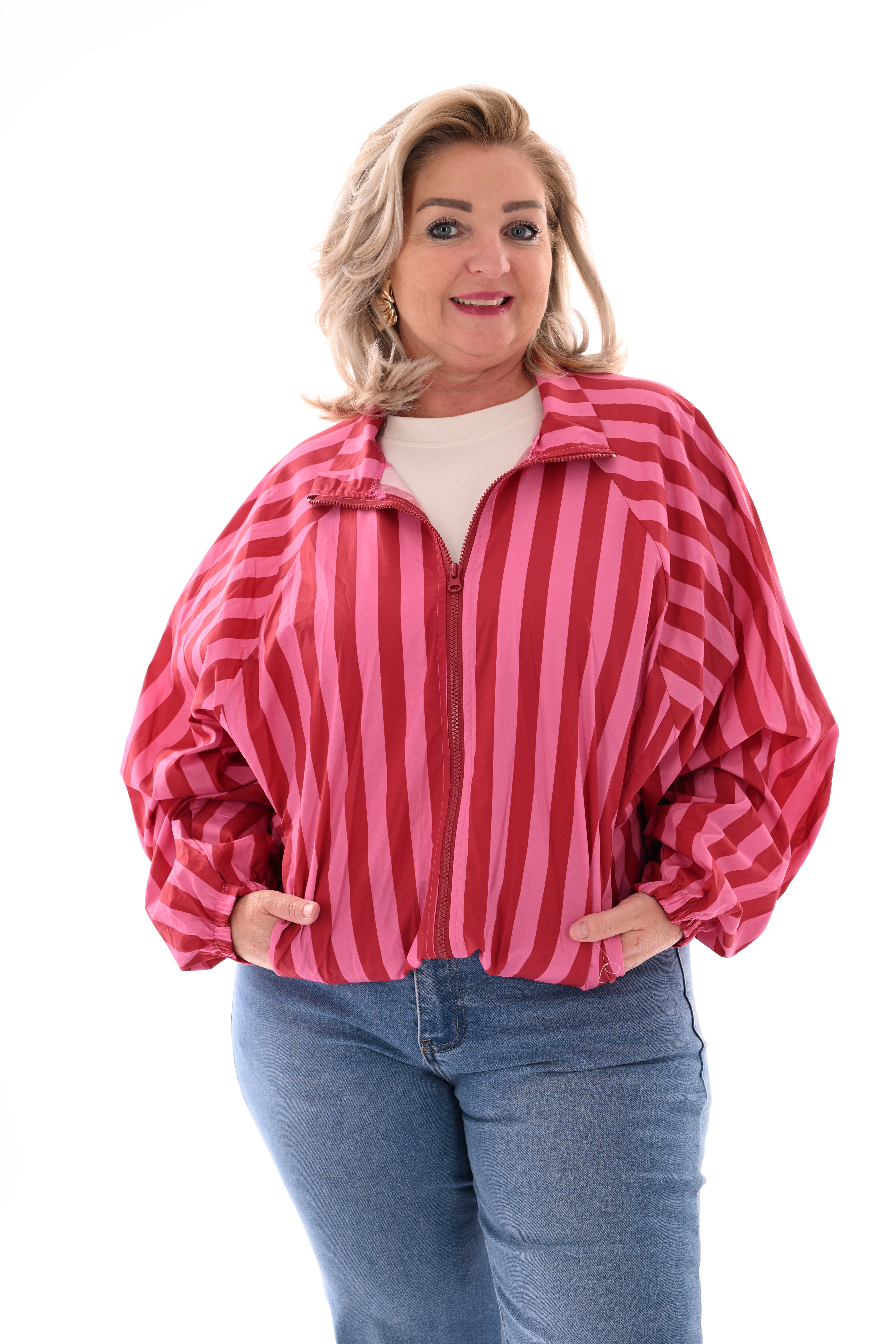 Korte jas strepen roze/rood