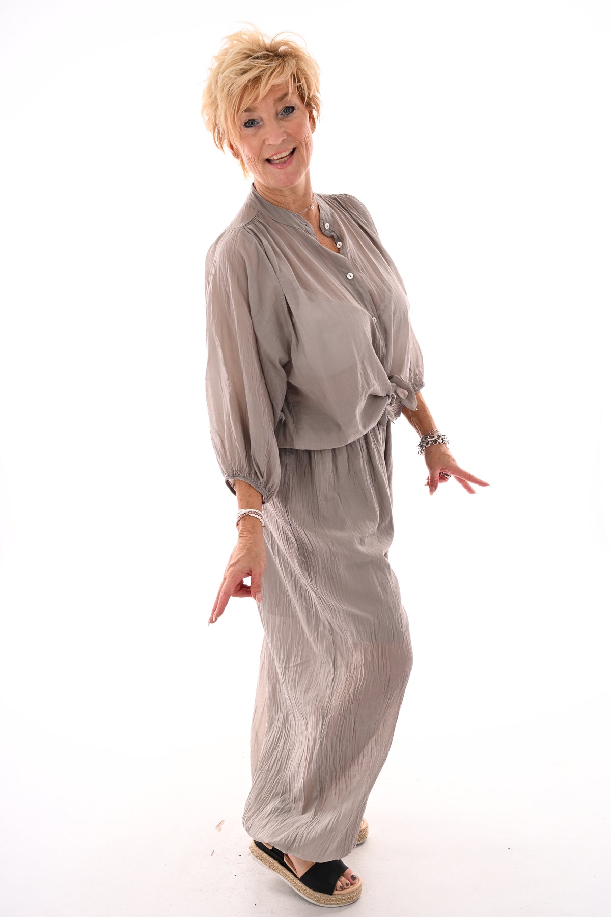 Tweedelig set ballon met blouse taupe