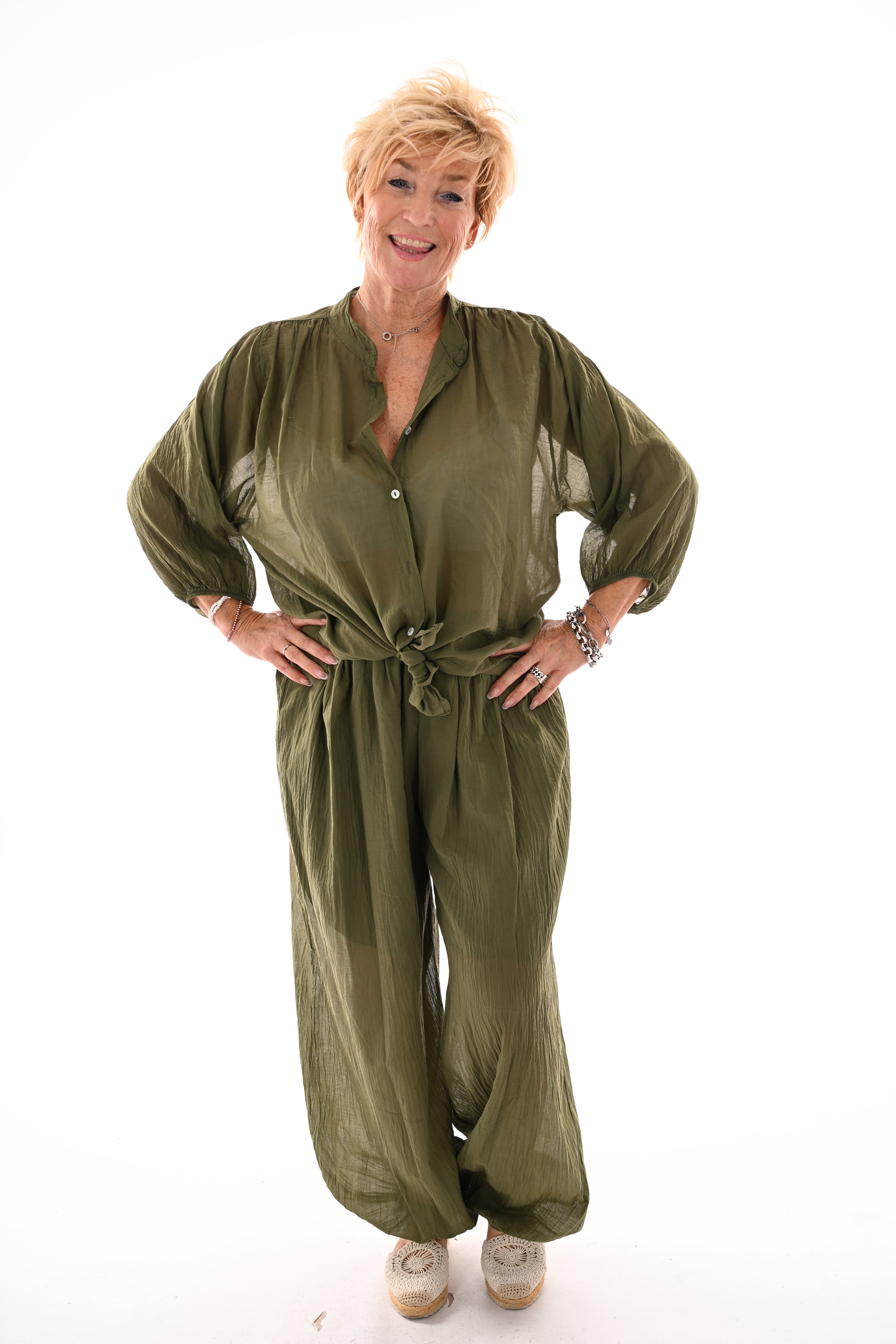 Tweedelig set ballon met blouse olijfgroen