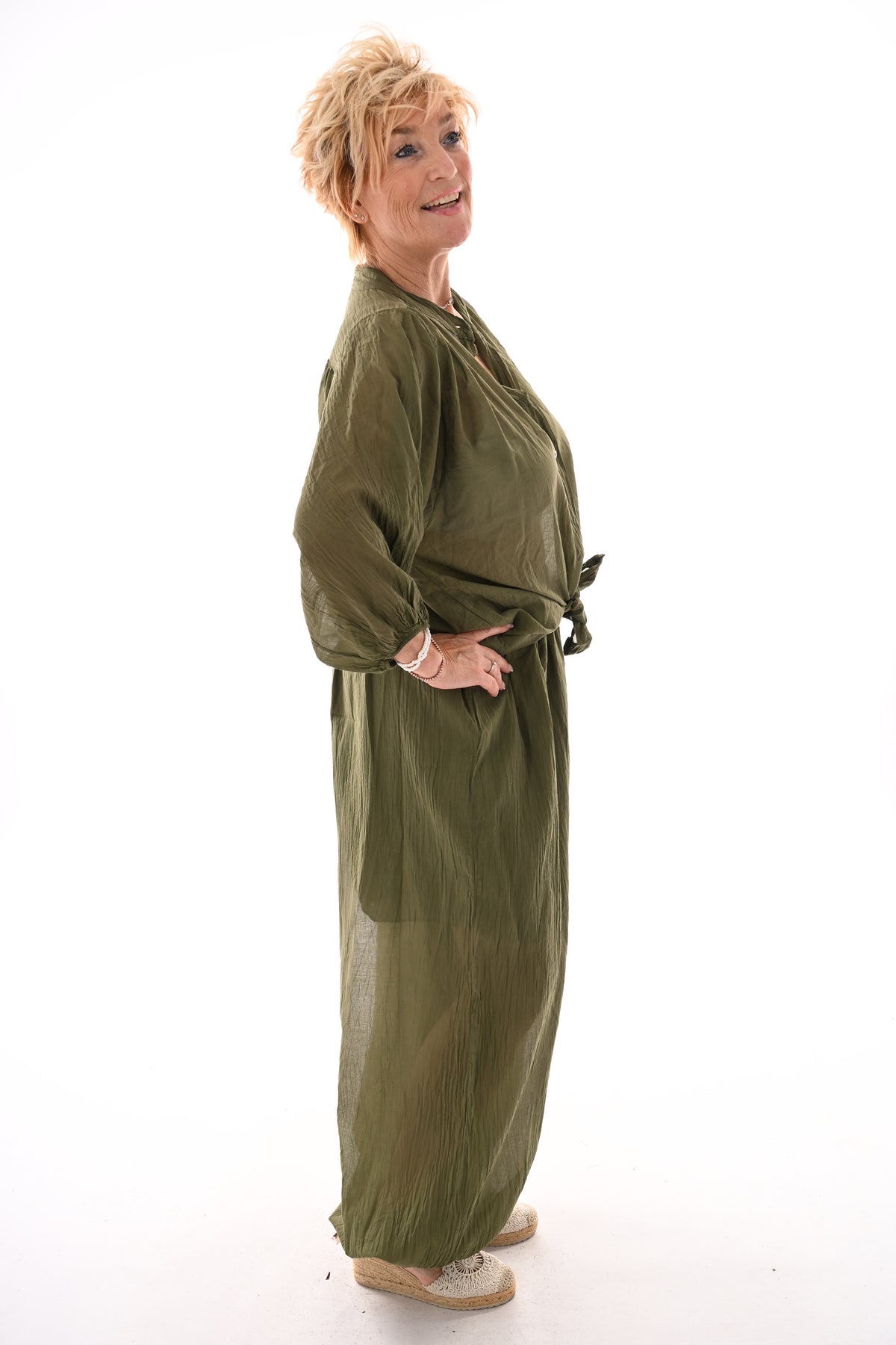 Tweedelig set ballon met blouse olijfgroen