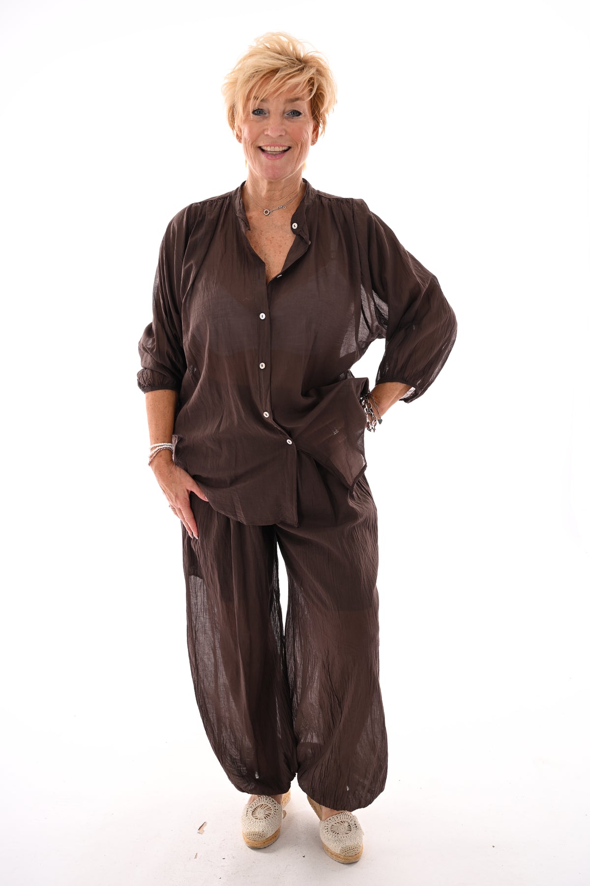 Tweedelig set ballon met blouse donkerbruin