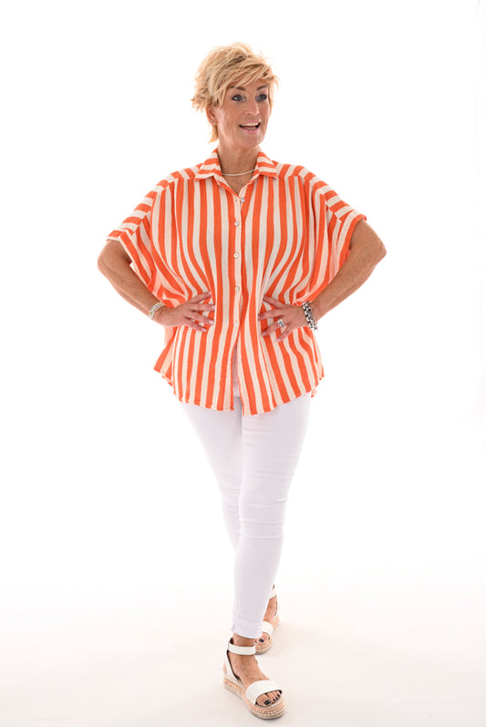 Katoenen oversized blouse strepen oranje/roomwit