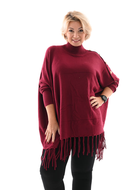 Oversized trui turtle knopen en franjes bordeaux