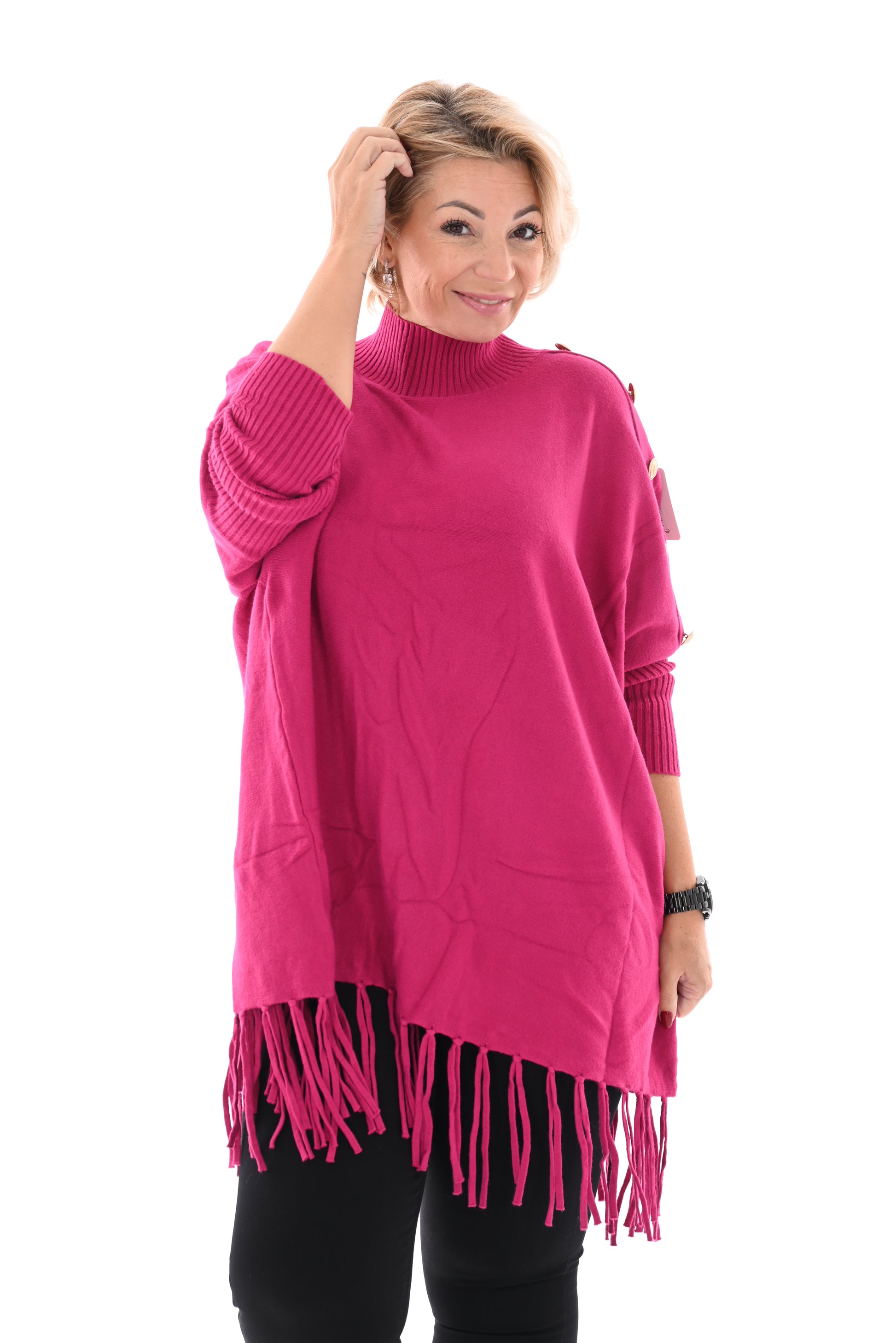 Oversized trui turtle knopen en franjes fuchsia