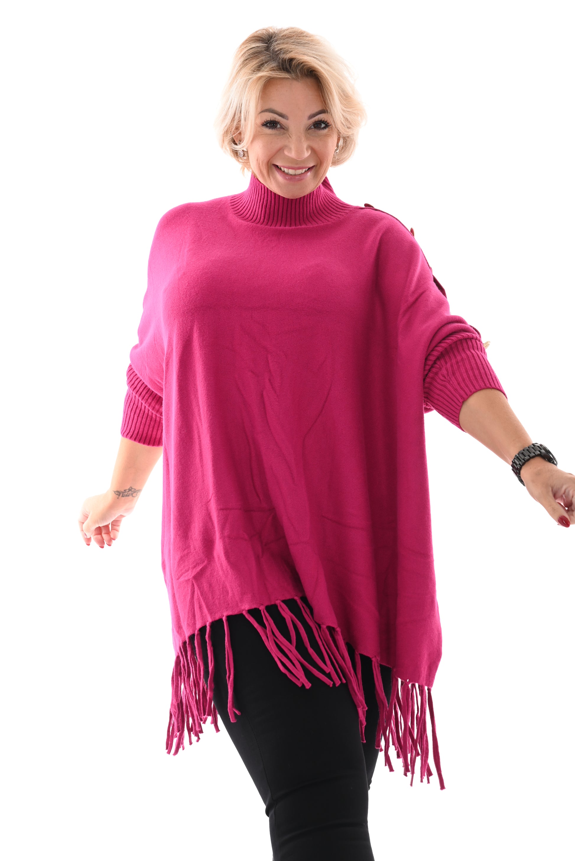 Oversized trui turtle knopen en franjes fuchsia