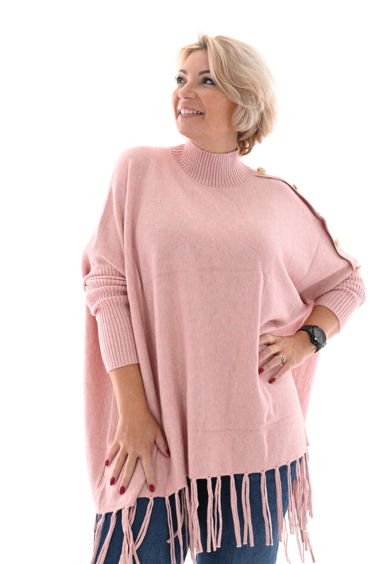 Oversized trui turtle knopen en franjes oud roze