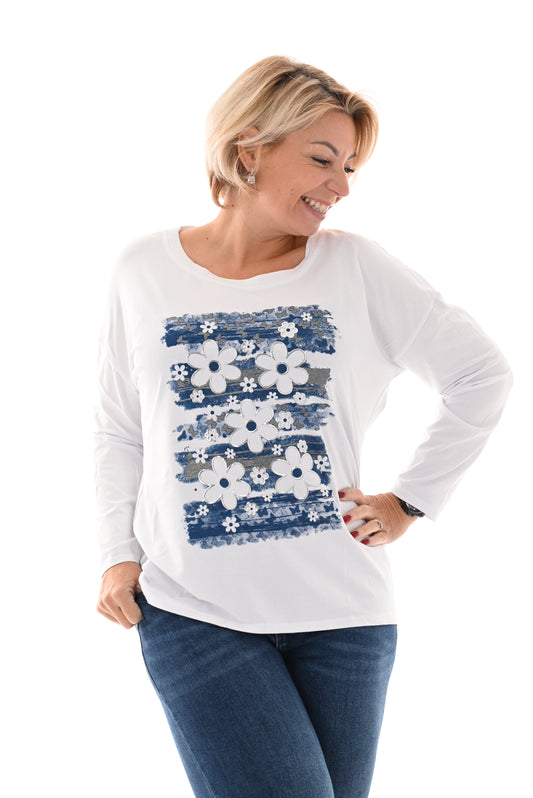 T-shirt lange mouwen strepen bloemen blauw