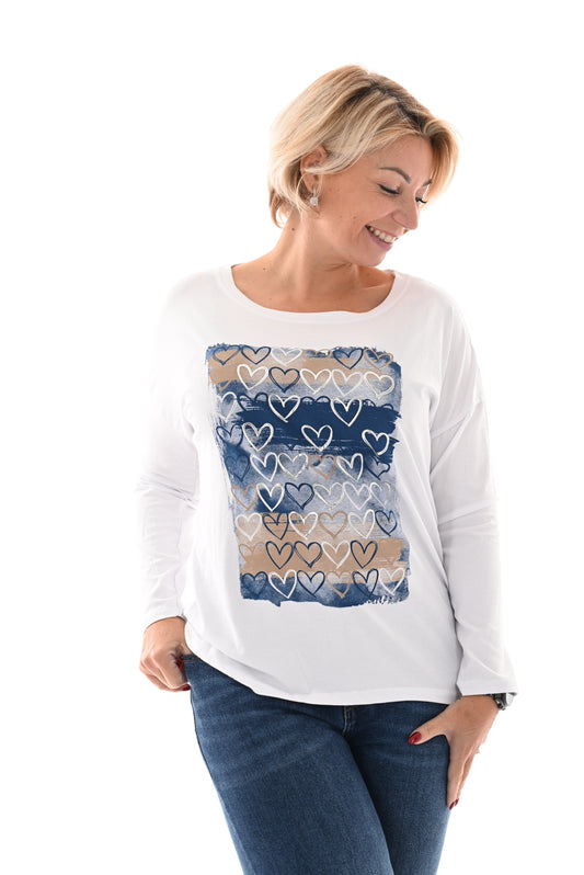 T-shirt lange mouwen strepen hartjes blauw