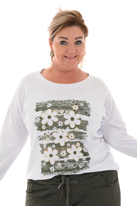 T-shirt lange mouwen strepen bloemen legergroen