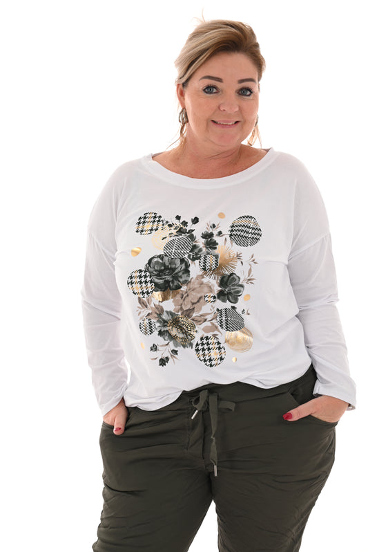 T-shirt lange mouwen rondjes bloemen legergroen