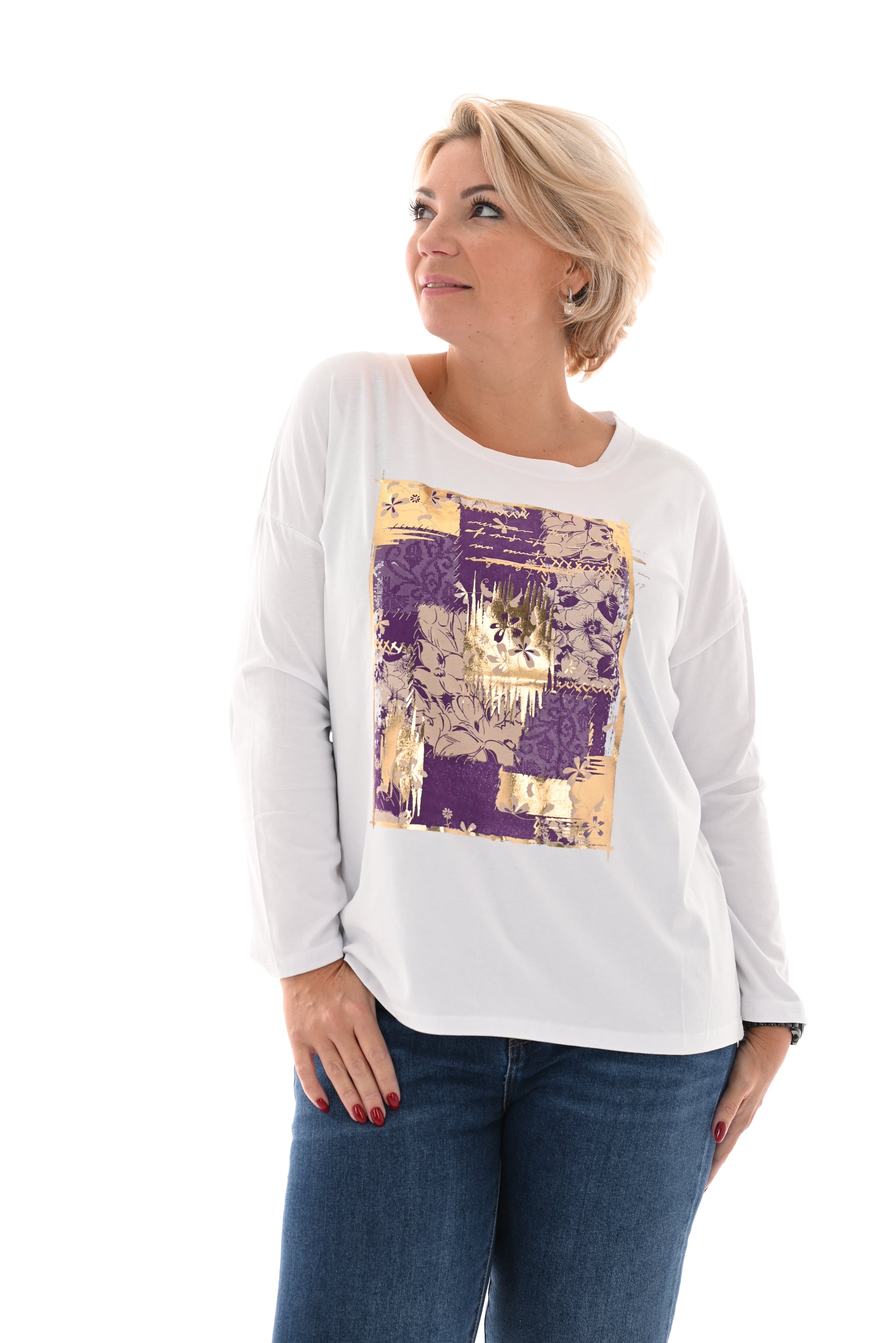 T-shirt lange mouwen vierkant bloem goud paars