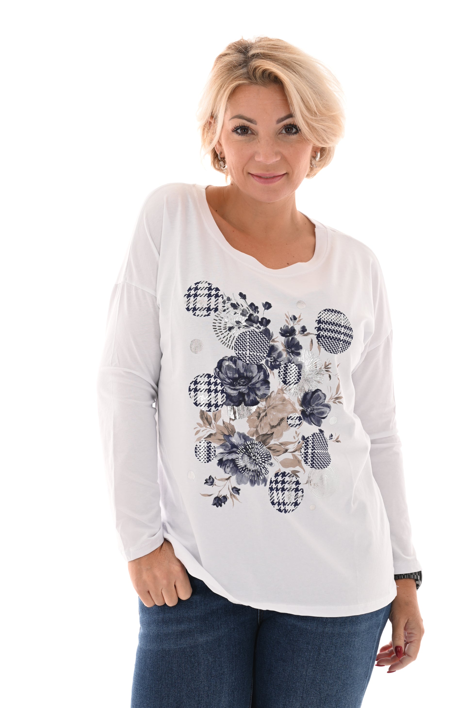 T-shirt lange mouwen rondjes bloemen blauw