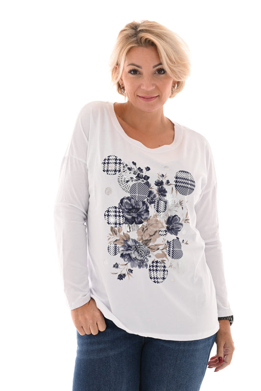 T-shirt lange mouwen rondjes bloemen blauw