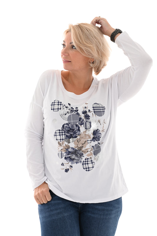 T-shirt lange mouwen rondjes bloemen blauw