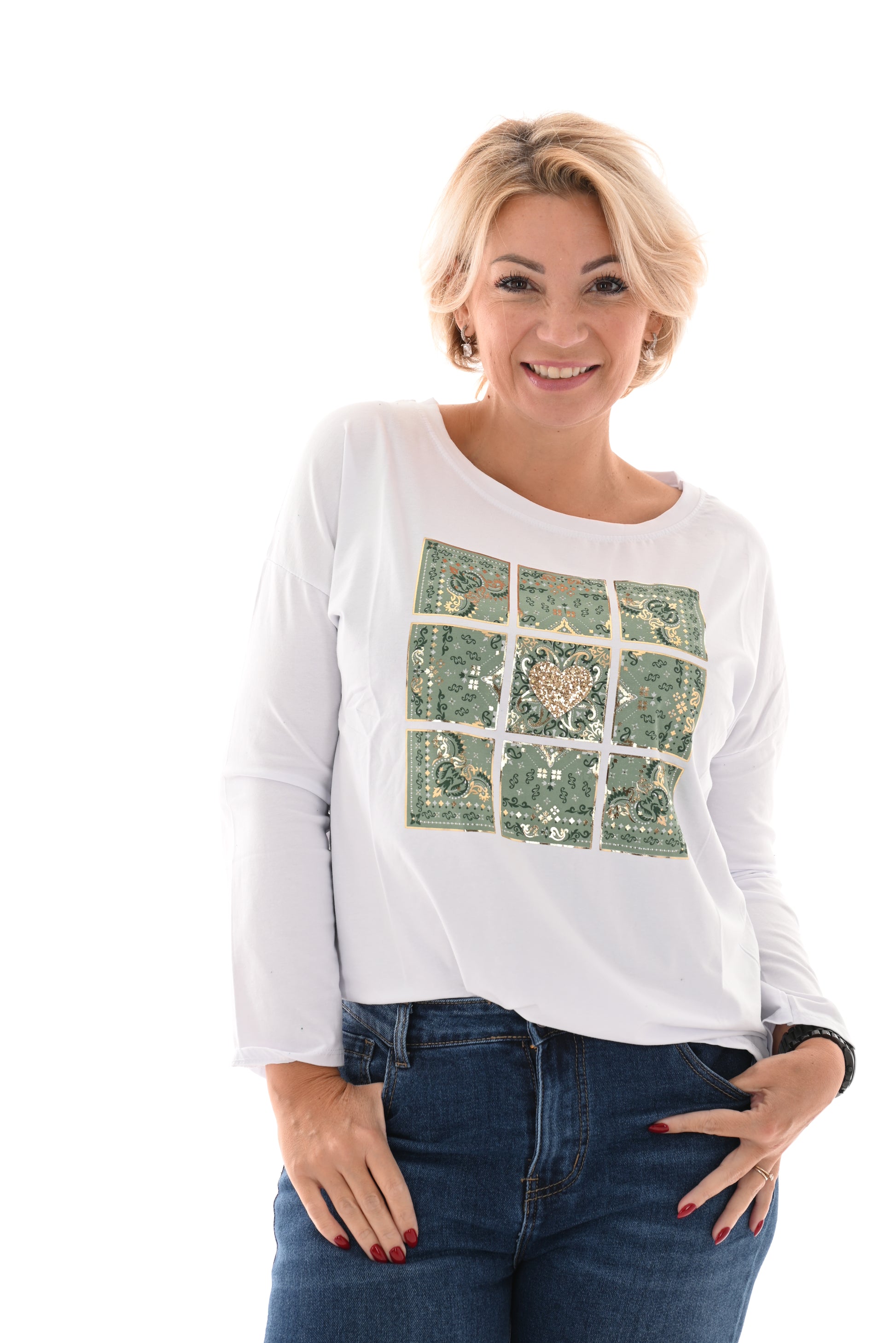 T-shirt lange mouwen vierkant paisley hart groen