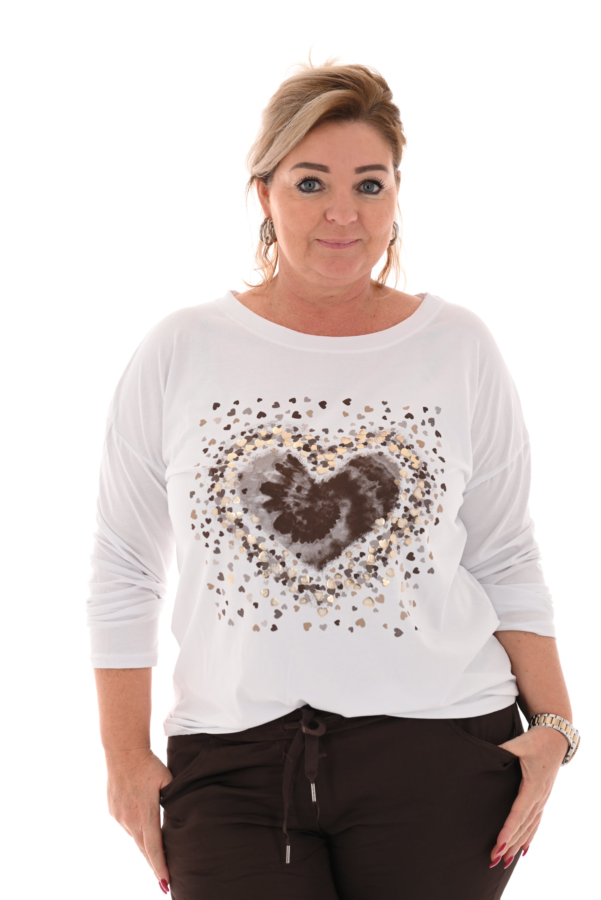 T-shirt lange mouwen kleine hartjes bruin