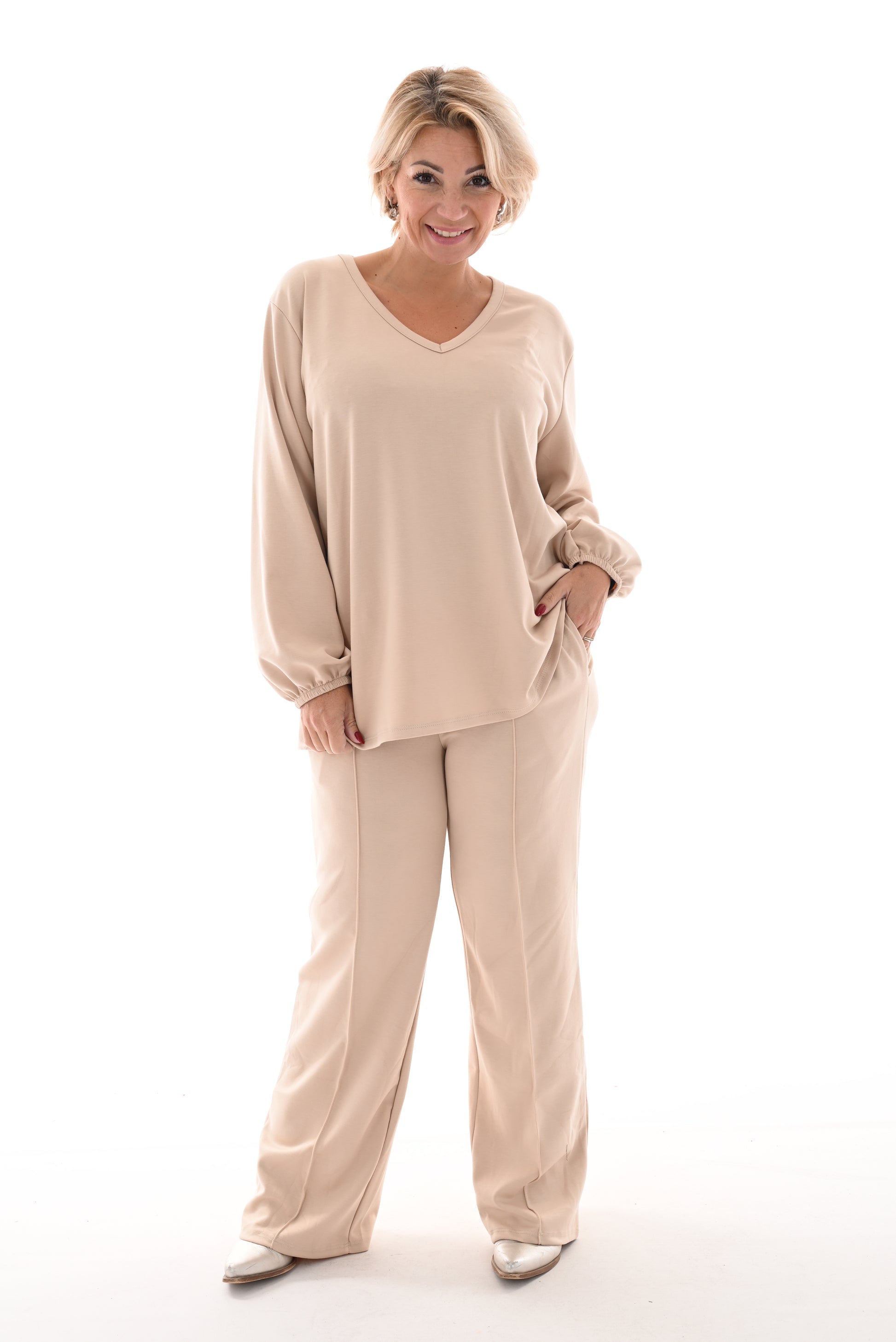 Set deluxe jogging v-hals beige