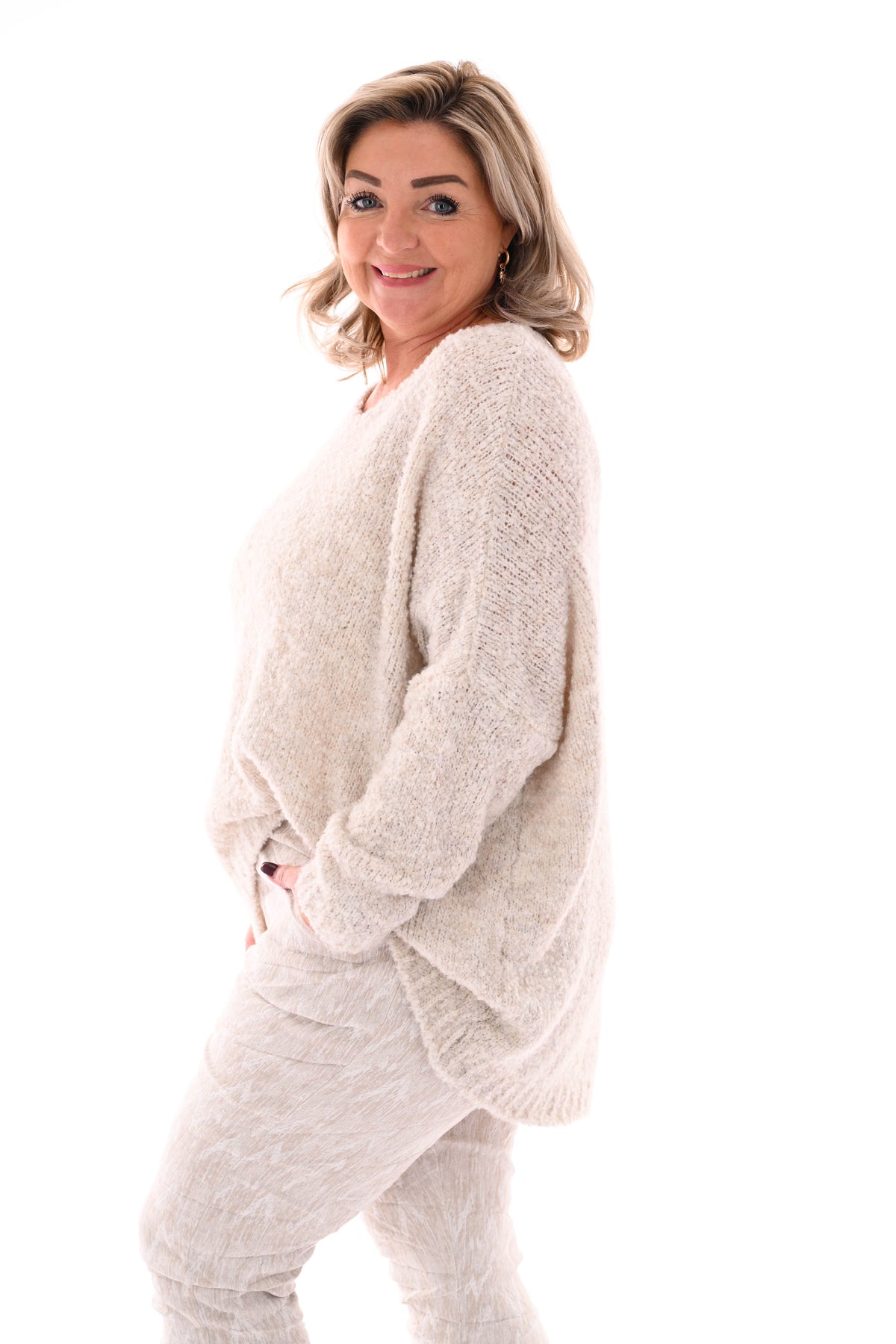 Grof gebreide boucle trui v-hals uni beige