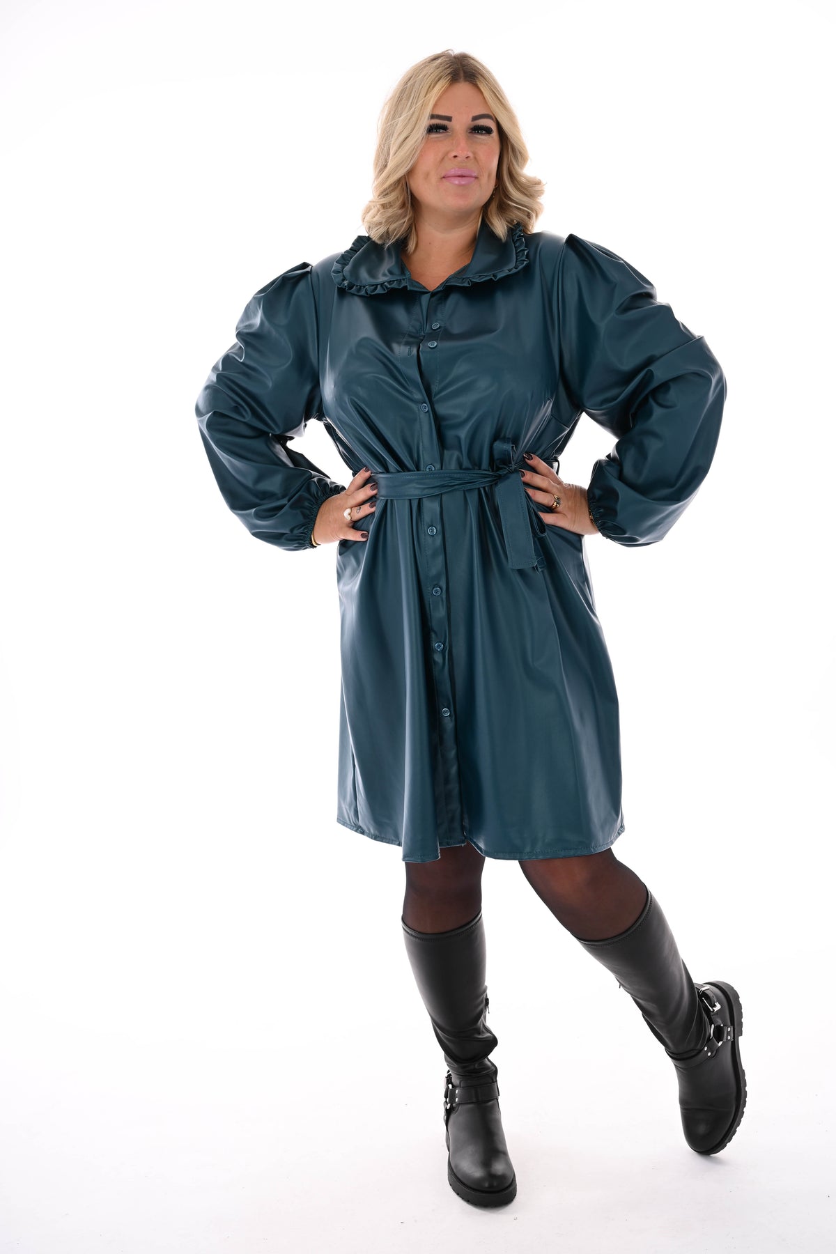 Leatherlook doorknoop jurk met ceintuur petrol