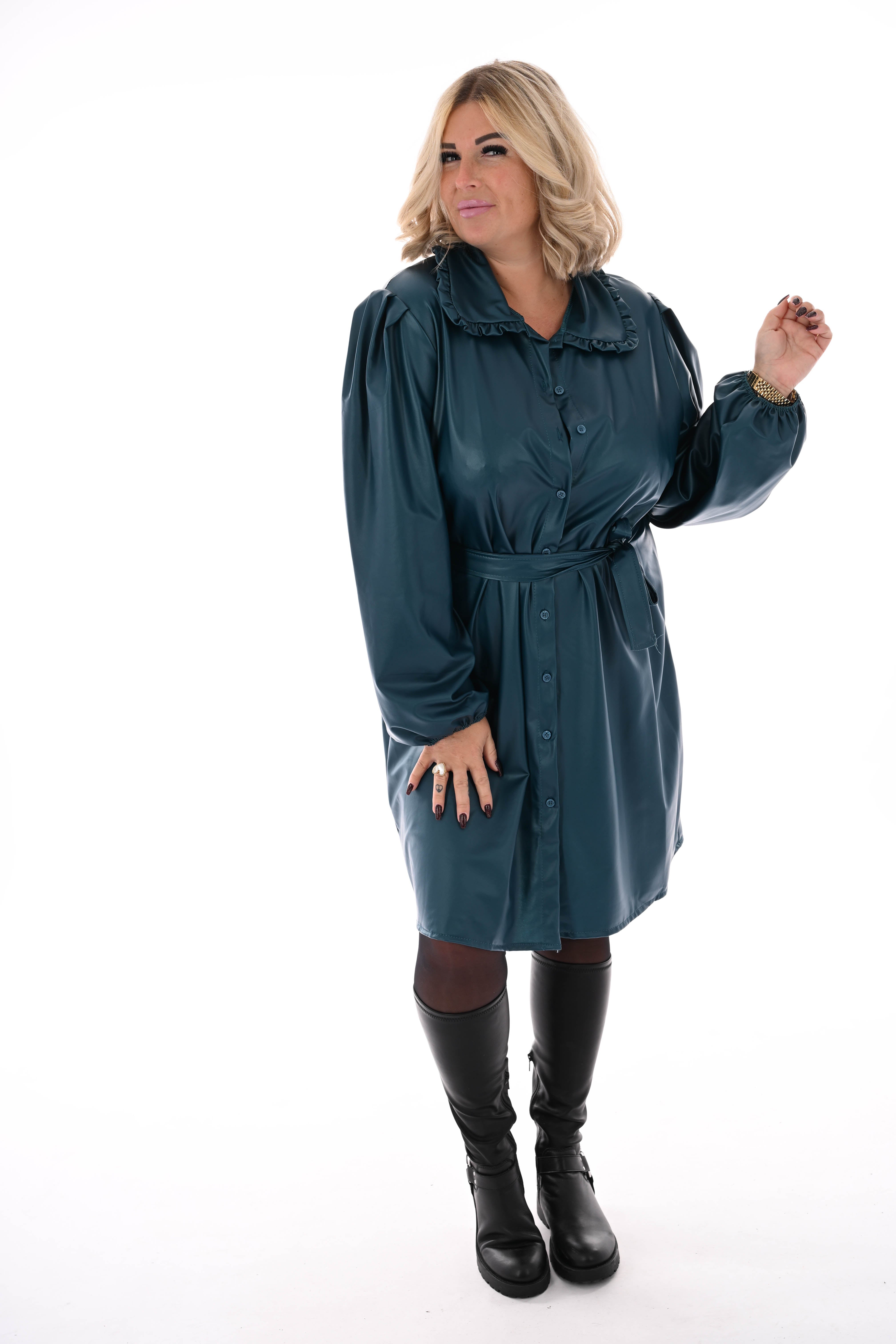 Leatherlook doorknoop jurk met ceintuur petrol