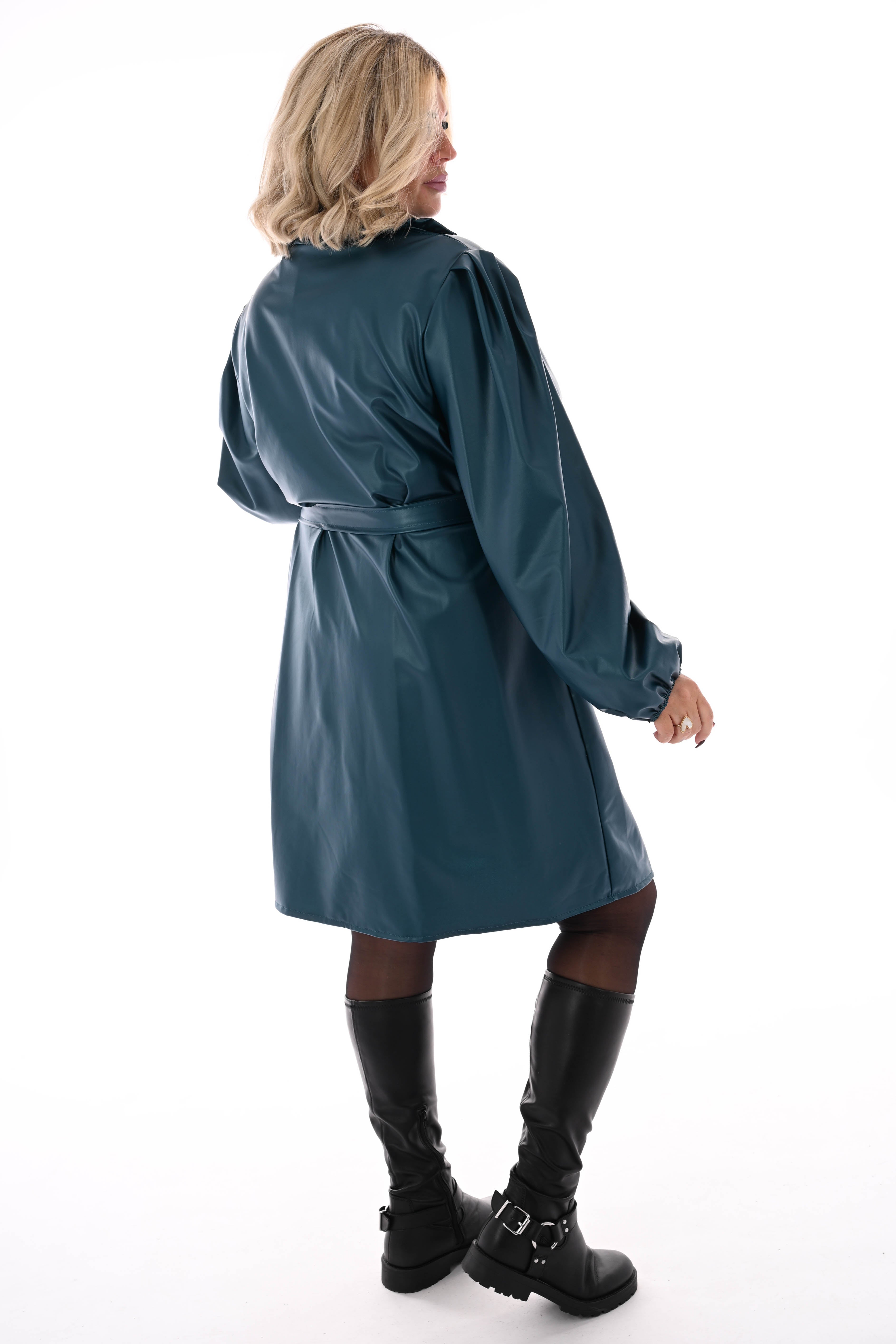 Leatherlook doorknoop jurk met ceintuur petrol