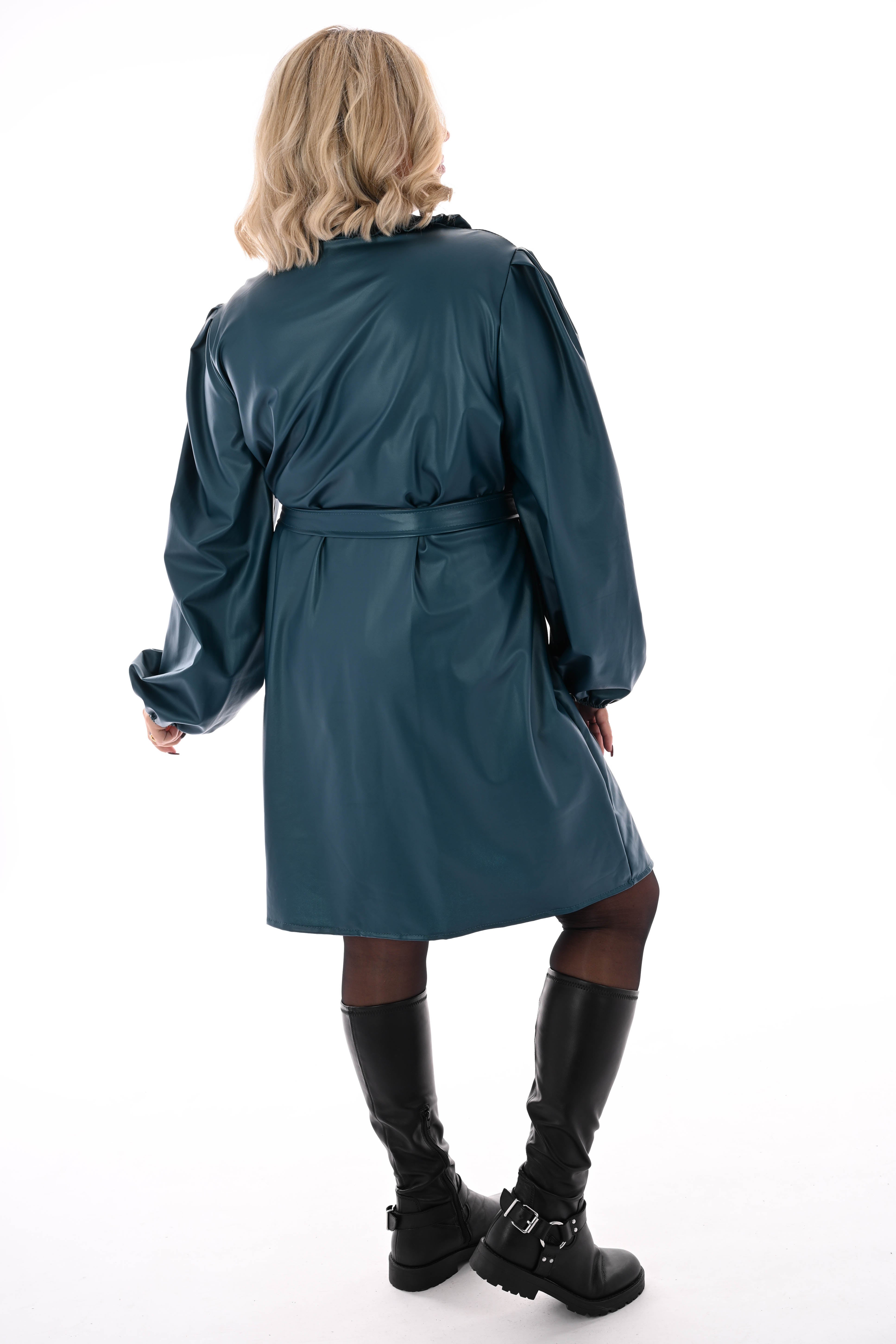 Leatherlook doorknoop jurk met ceintuur petrol