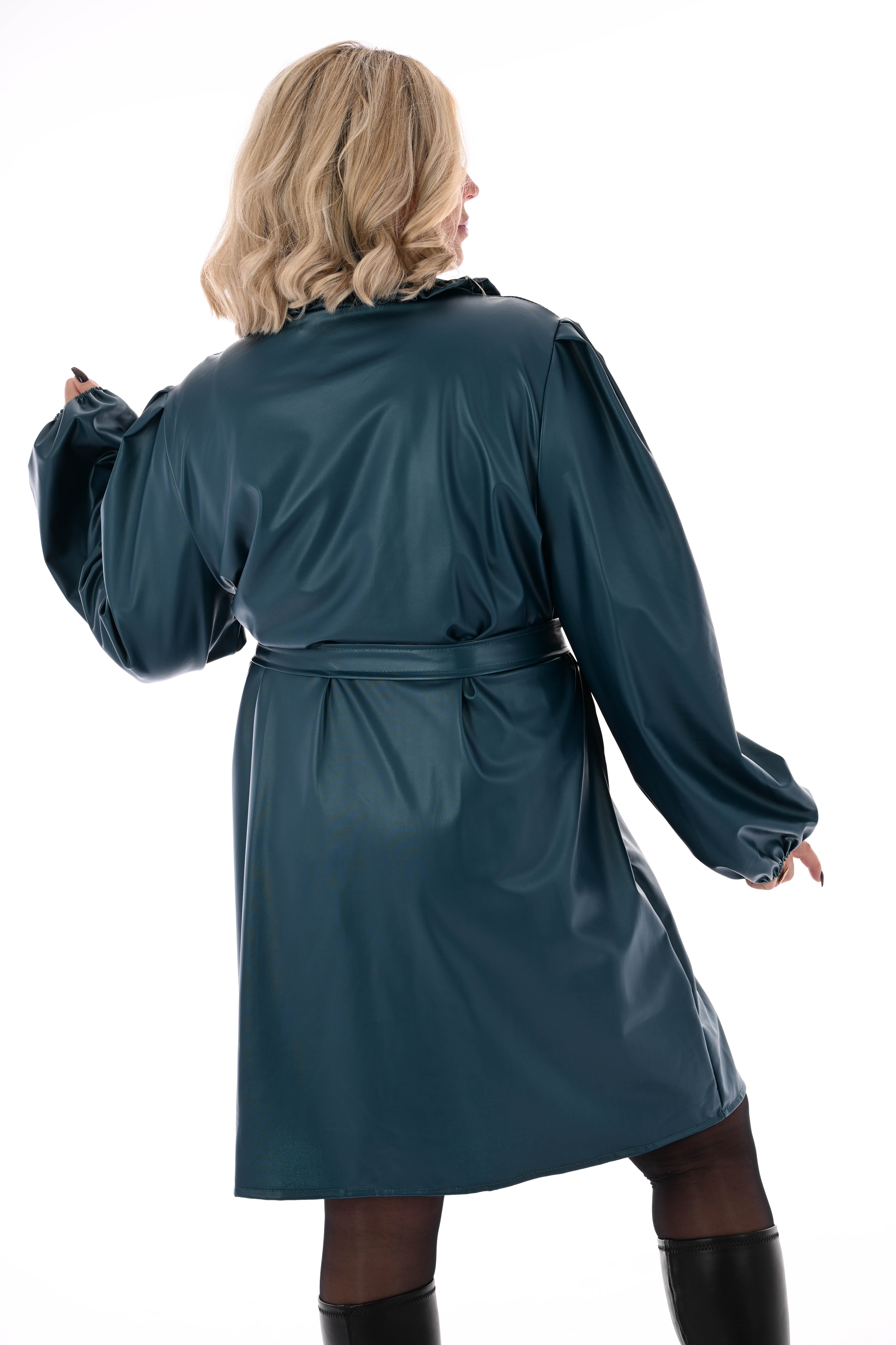 Leatherlook doorknoop jurk met ceintuur petrol