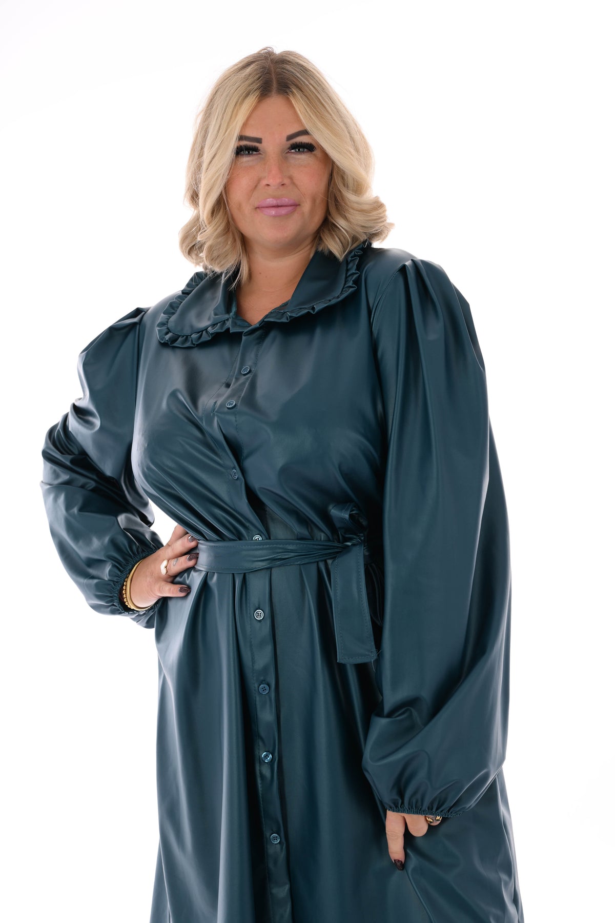 Leatherlook doorknoop jurk met ceintuur petrol