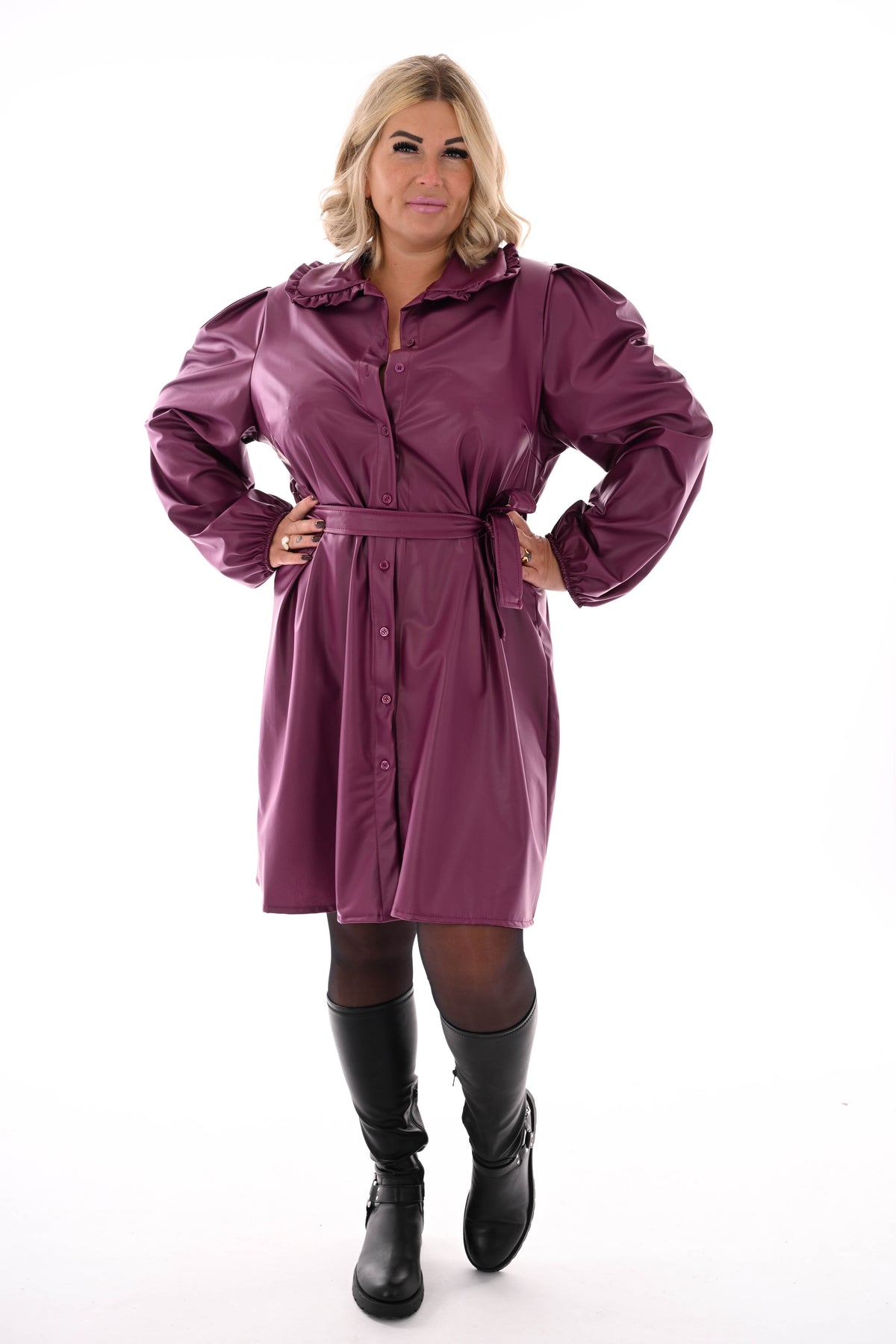 Leatherlook doorknoop jurk met ceintuur cyclaam