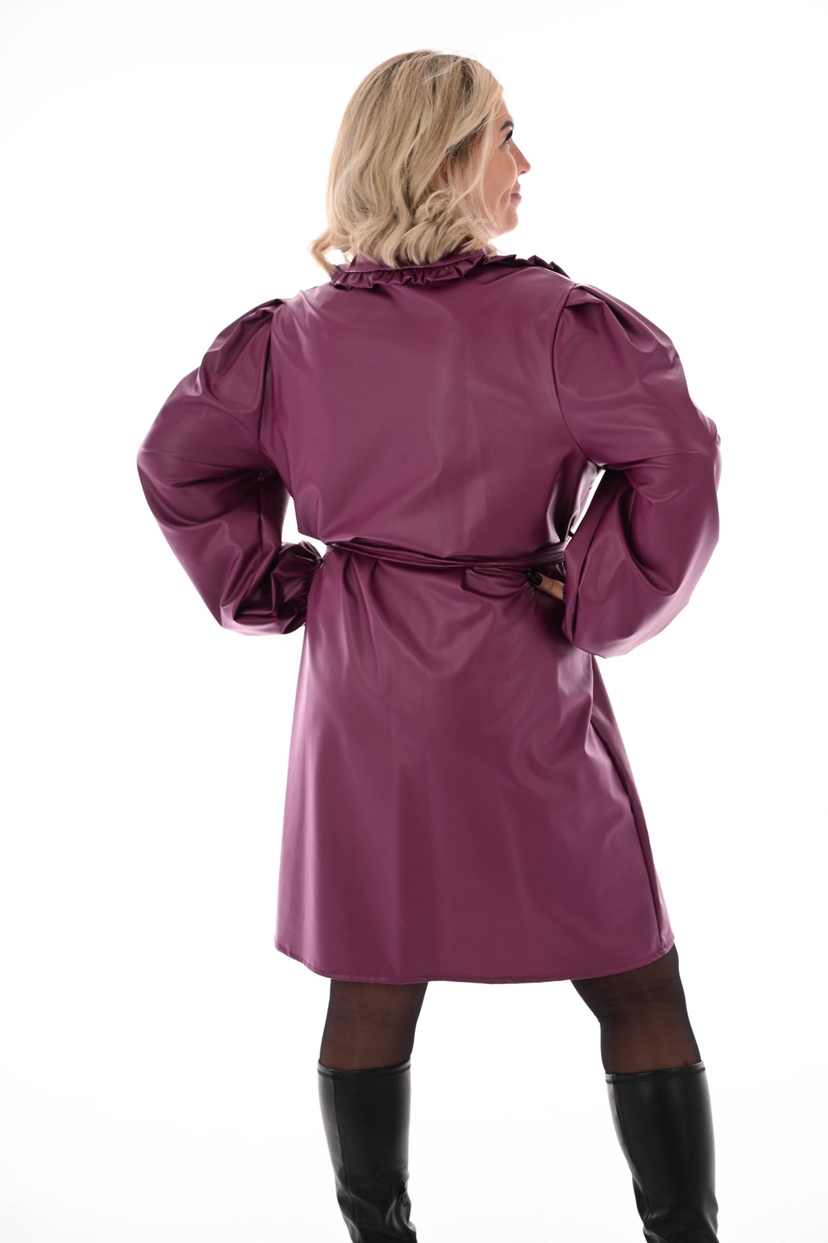 Leatherlook doorknoop jurk met ceintuur cyclaam