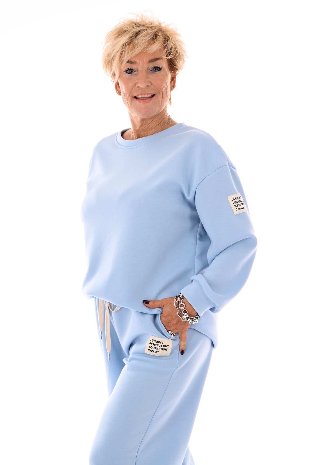 Tweedelig pak wijde broek applicatie lichtblauw