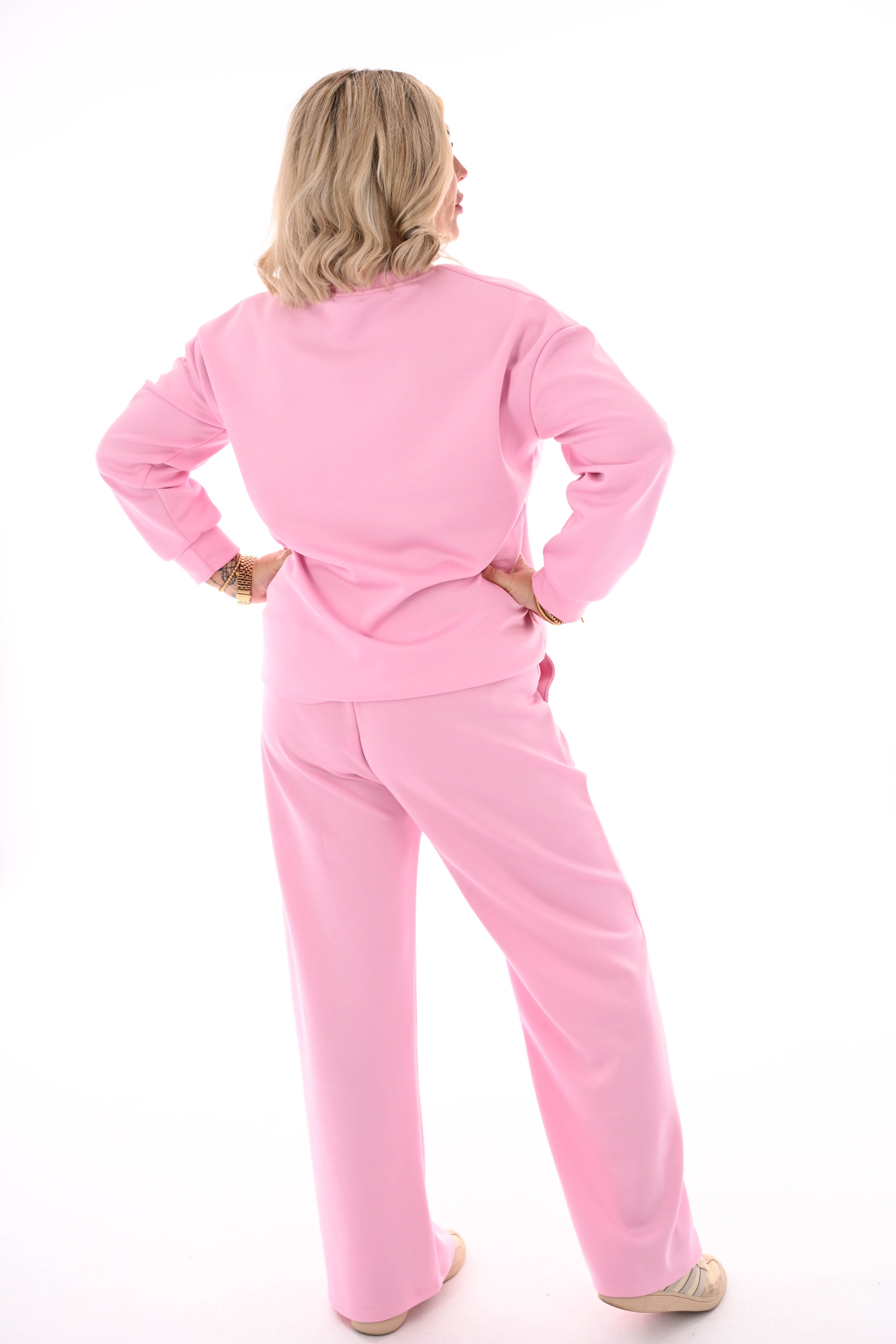 Tweedelig pak wijde broek applicatie lichtroze