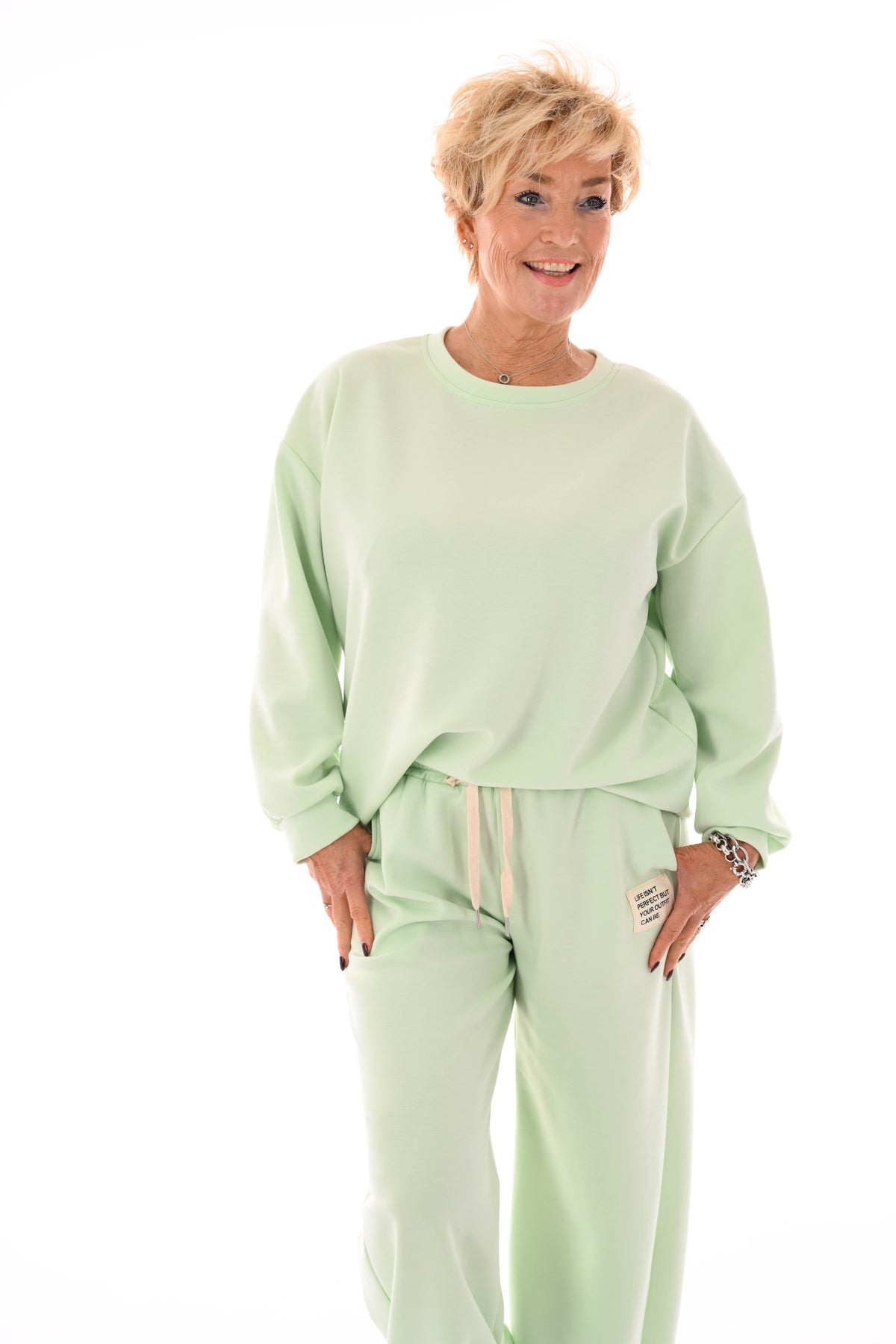 Tweedelig pak wijde broek applicatie lichtgroen