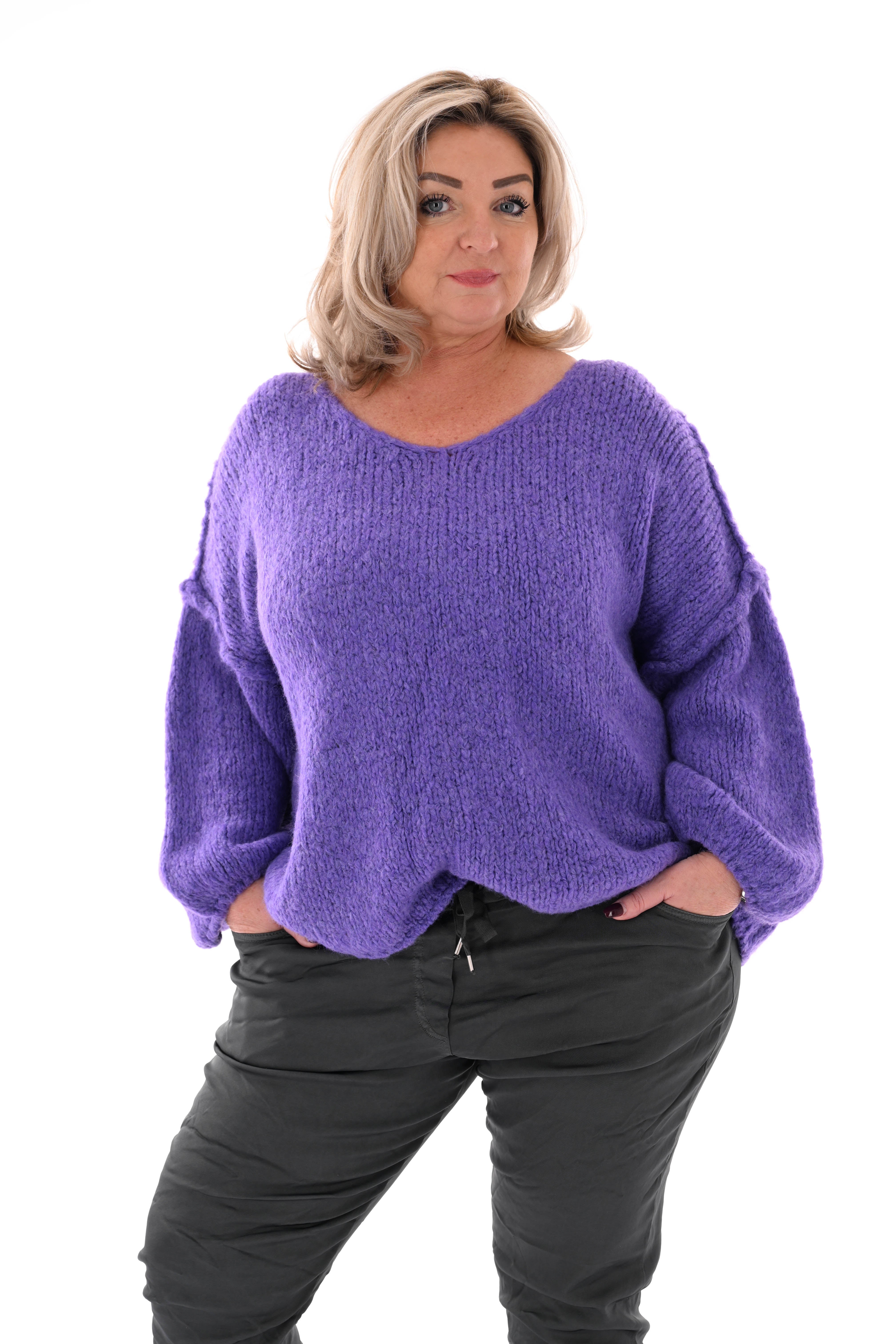 Grof gebreide trui v-hals paars