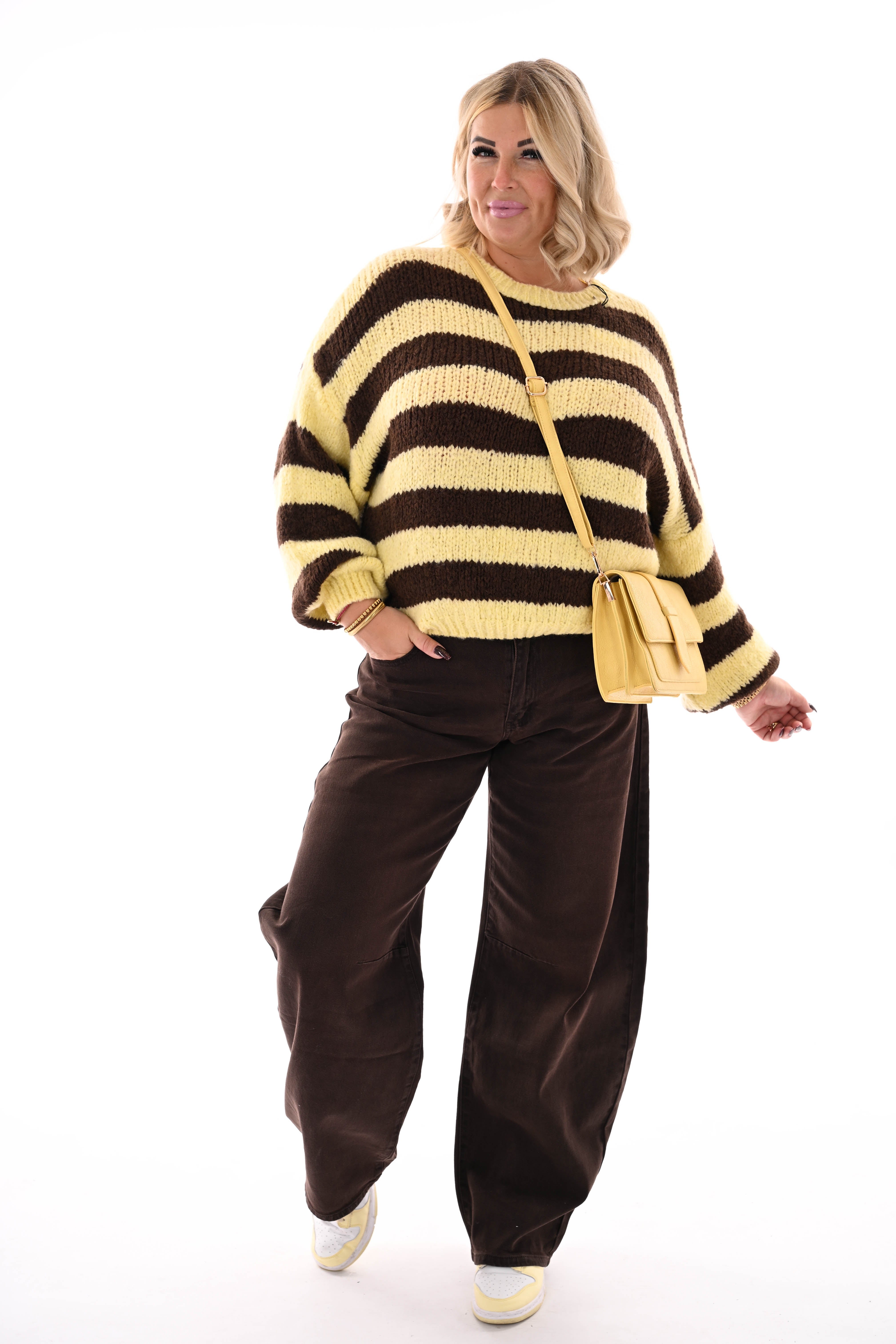 Grof gebreide trui brede streep geel