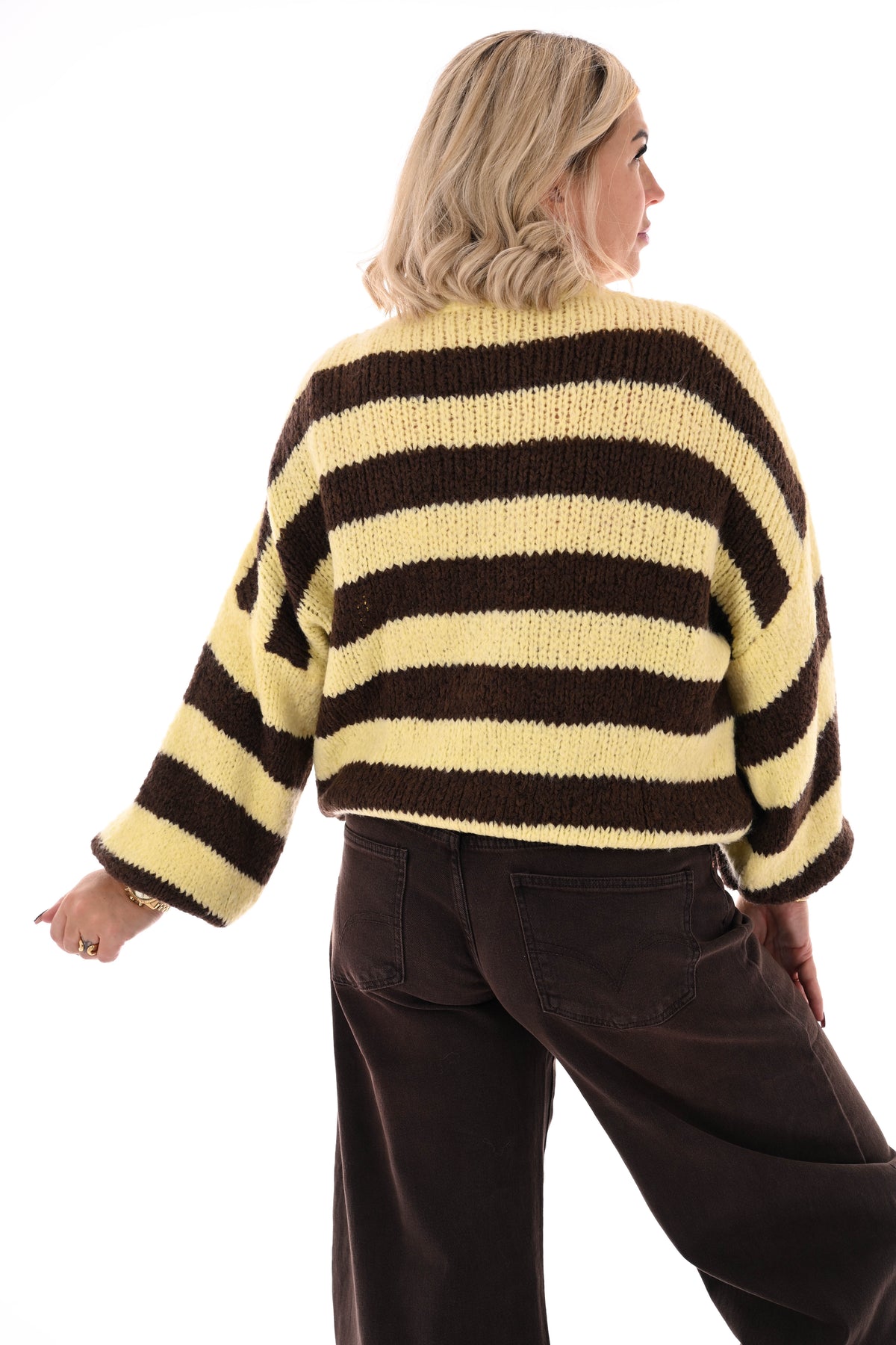 Grof gebreide trui brede streep geel