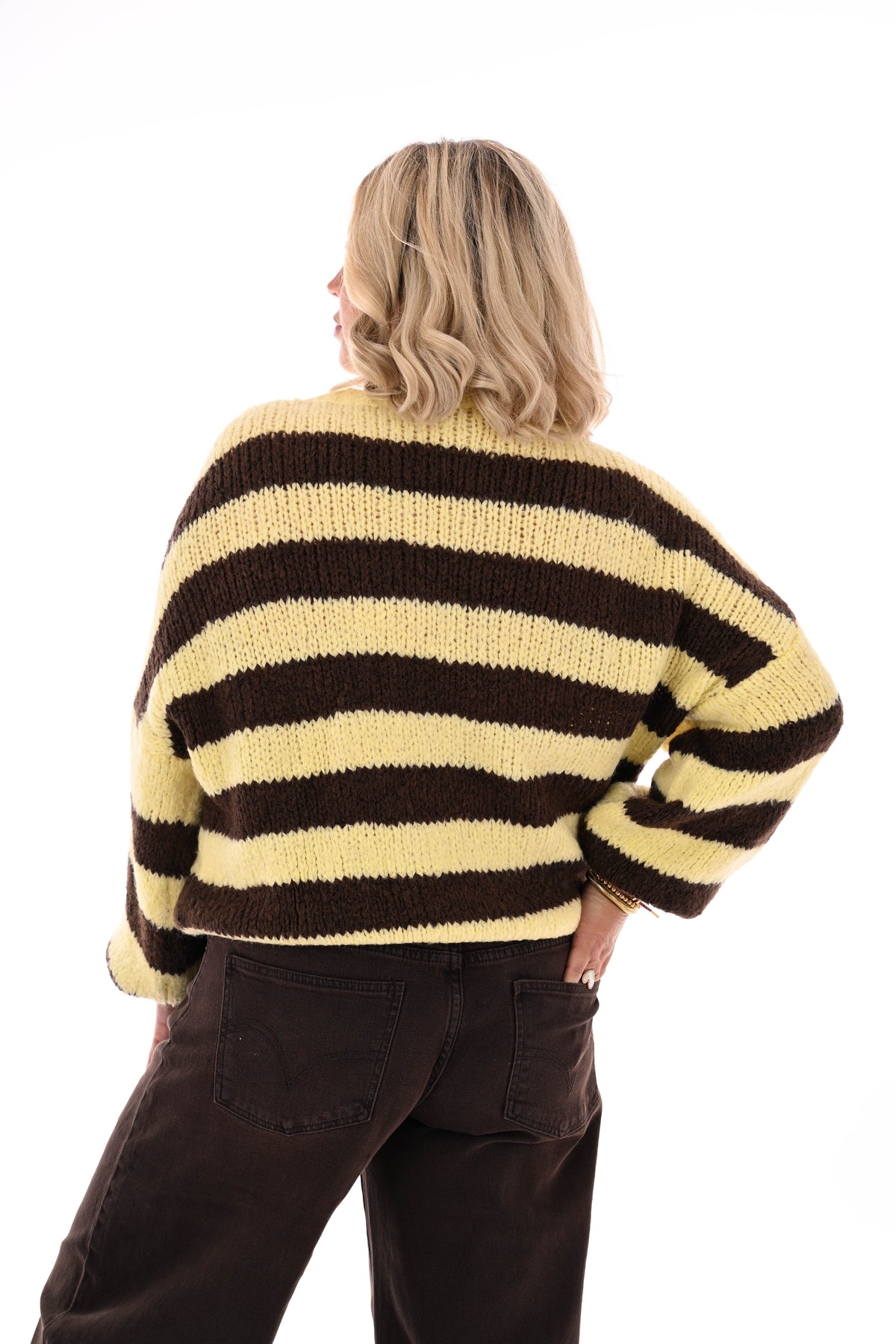 Grof gebreide trui brede streep geel