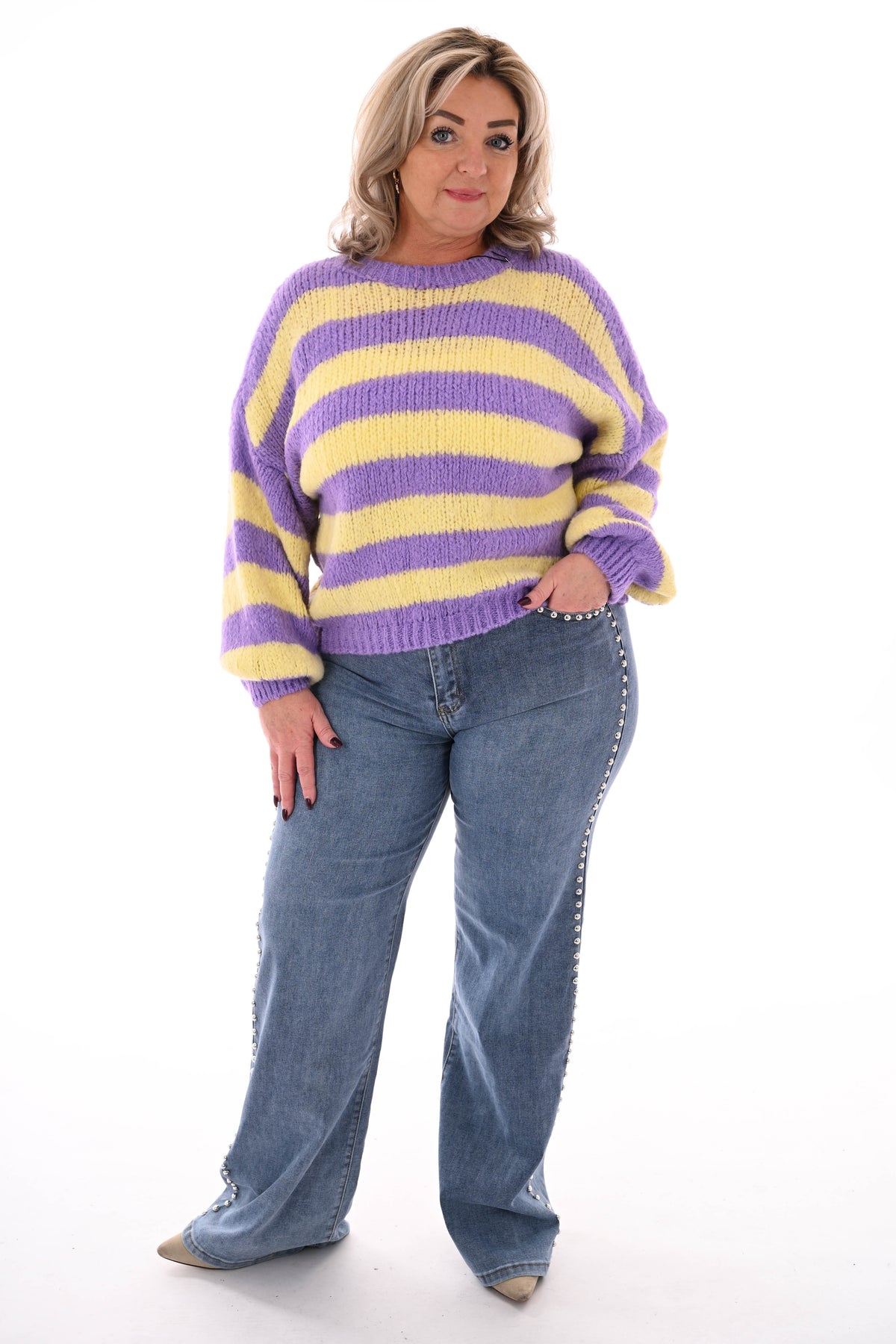 Grof gebreide trui brede streep paars