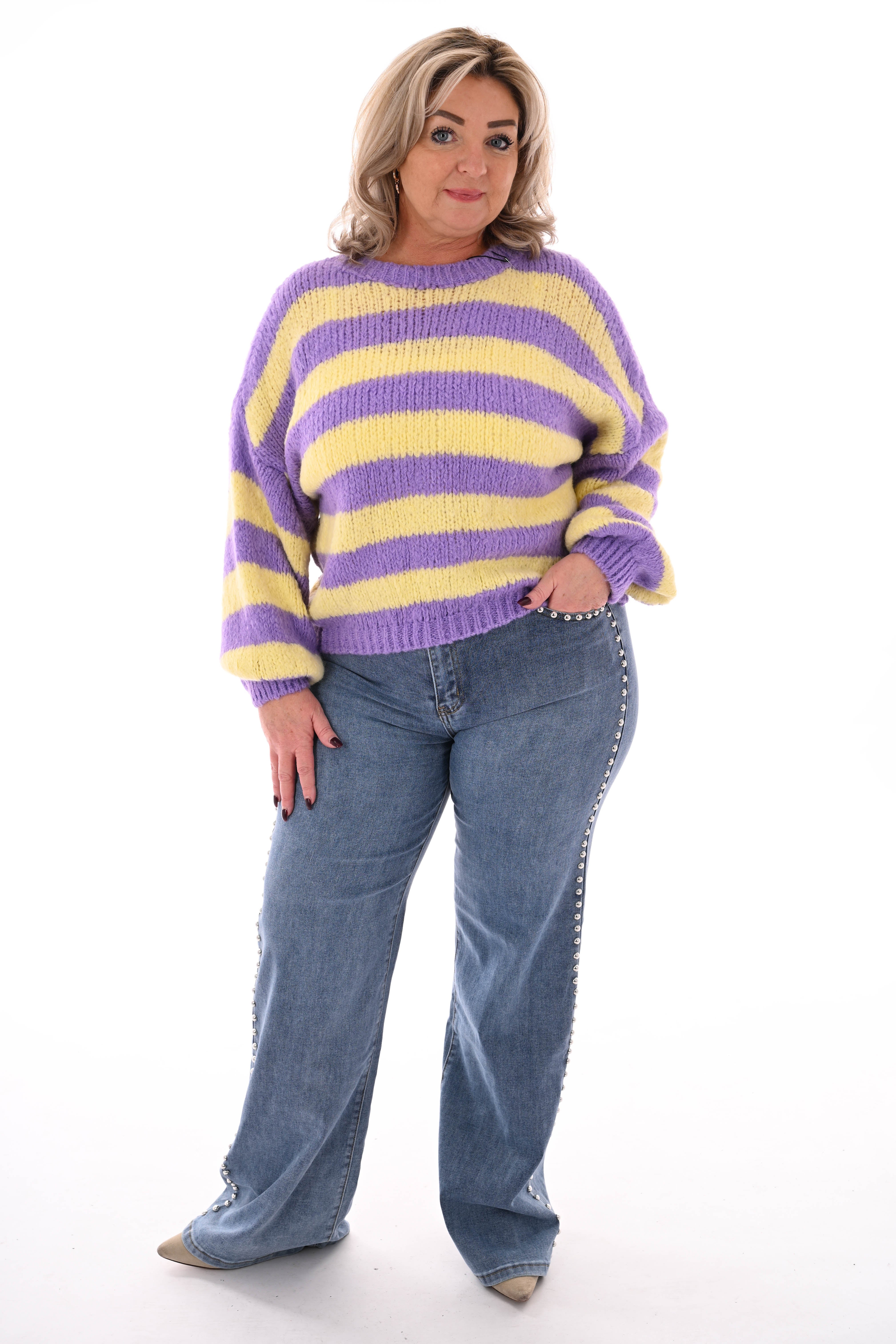 Grof gebreide trui brede streep paars