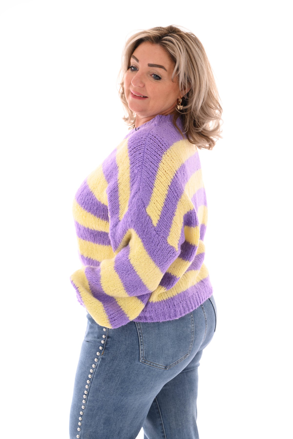 Grof gebreide trui brede streep paars